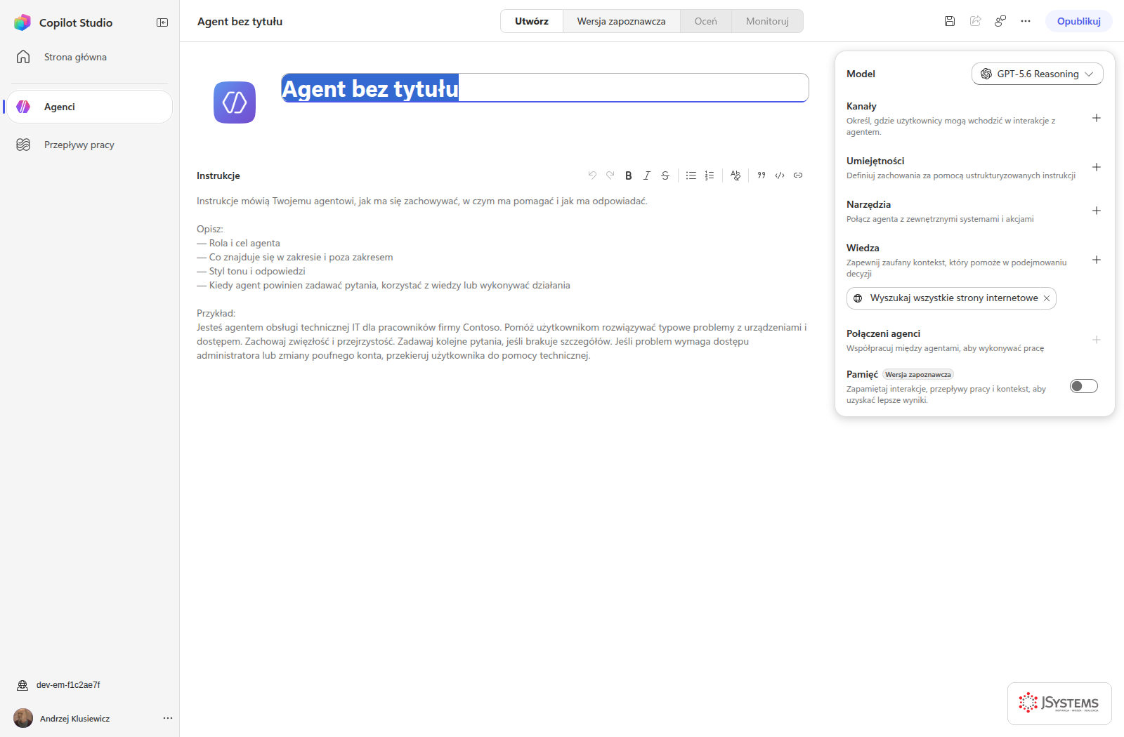 Nowy agent w Copilot Studio: tytuł Agent bez tytułu, puste pole Instrukcje z podpowiedzią, po prawej panel konfiguracji