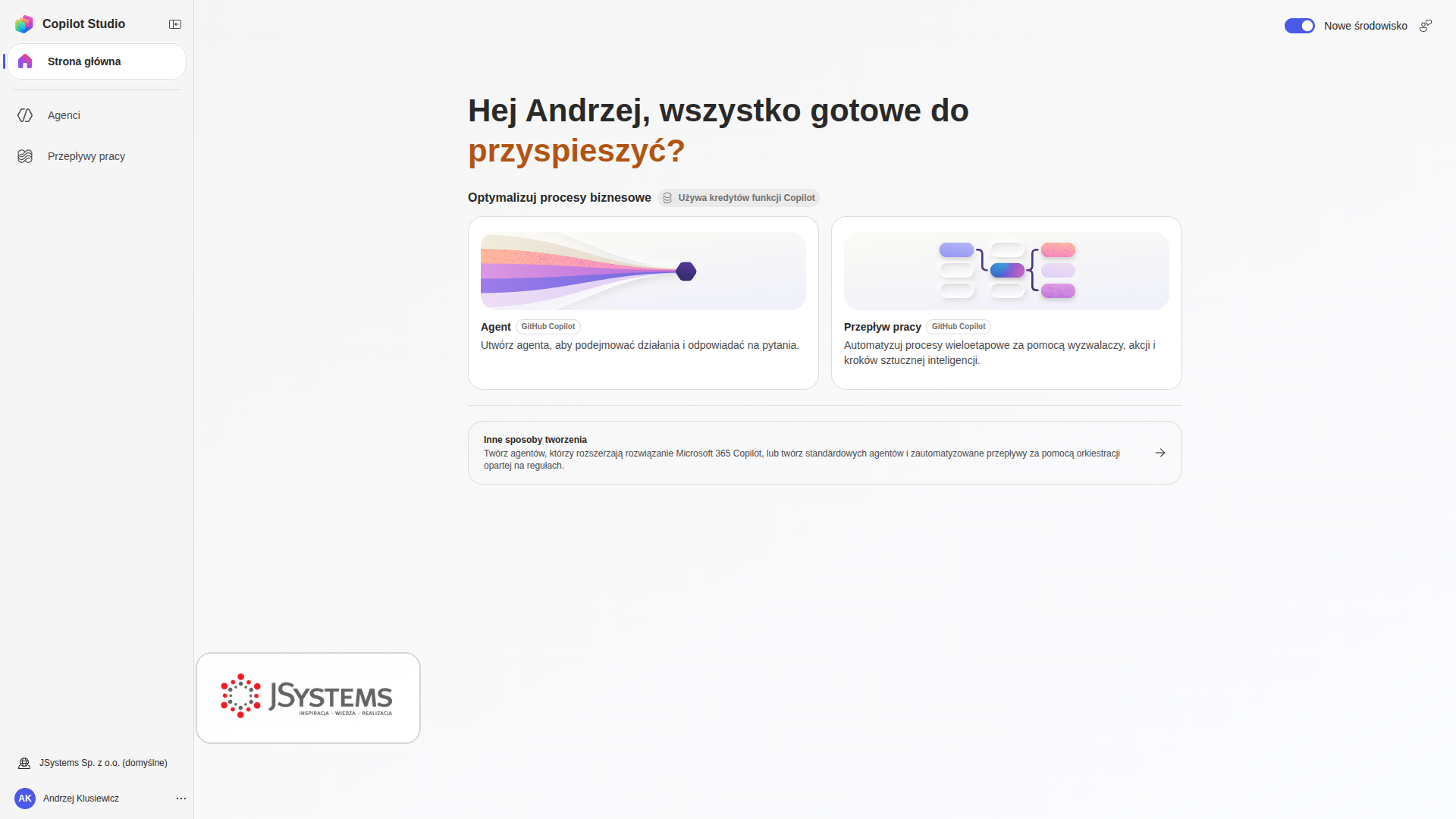 Copilot Studio z panelem bocznym Agenci i Przeplywy pracy oraz srodowiskiem JSystems Sp. z o.o. jako domyslnym miejscem tworzenia agentow