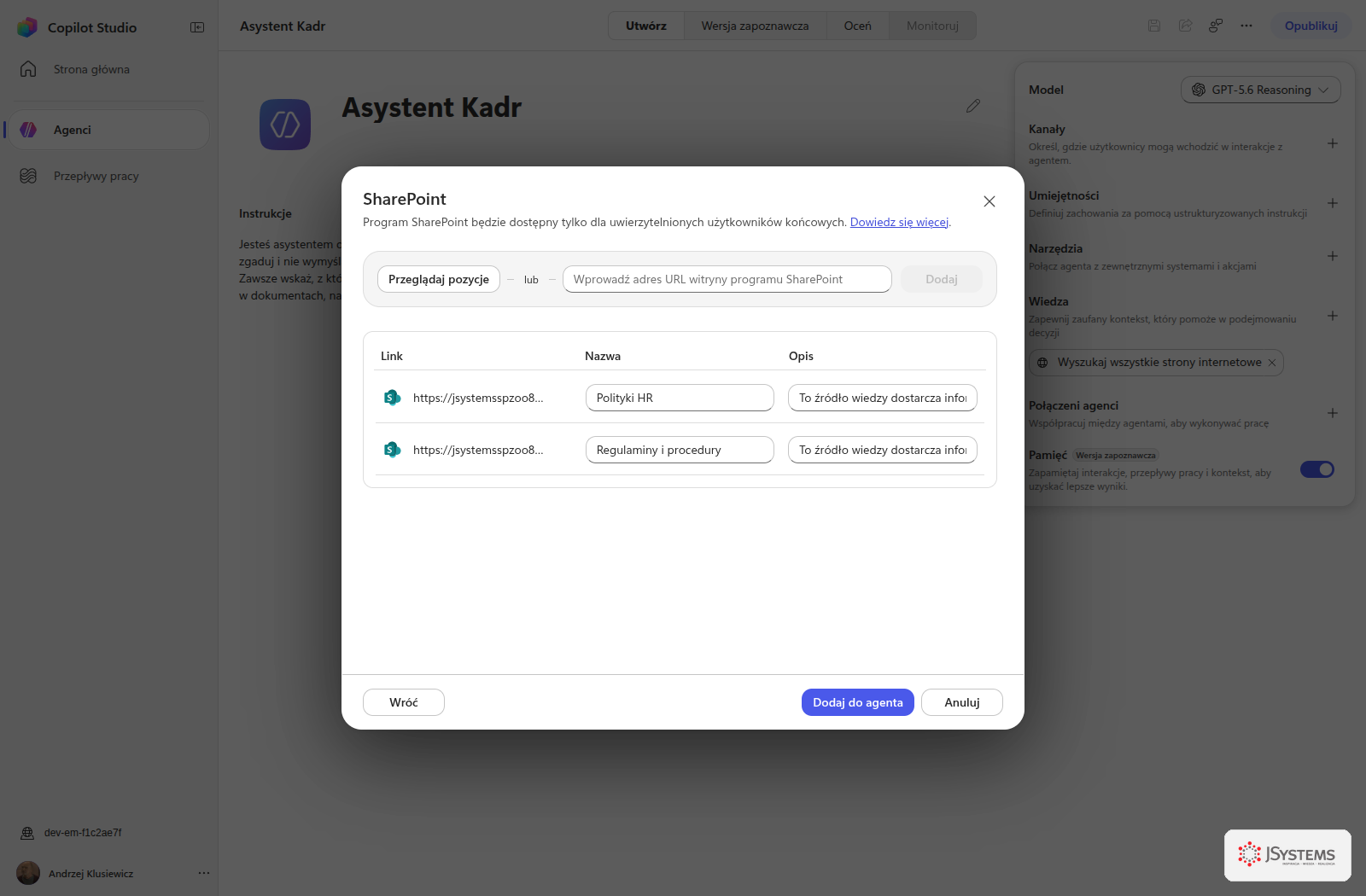 Okno dodawania wiedzy SharePoint w Copilot Studio z dwoma źródłami: Polityki HR i Regulaminy i procedury