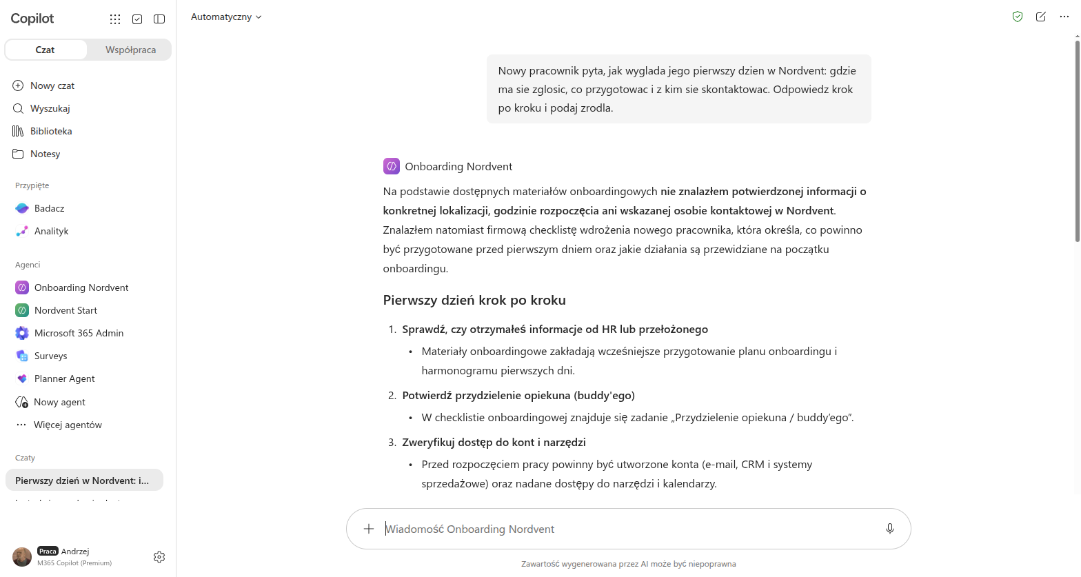 Agent Copilot Studio o nazwie Onboarding Nordvent odpowiada, że nie znalazł potwierdzonej informacji o lokalizacji, godzinie rozpoczęcia ani osobie kontaktowej, i podaje w zamian to, co faktycznie znalazł w checkliście wdrożenia - ograniczenia Copilota w praktyce