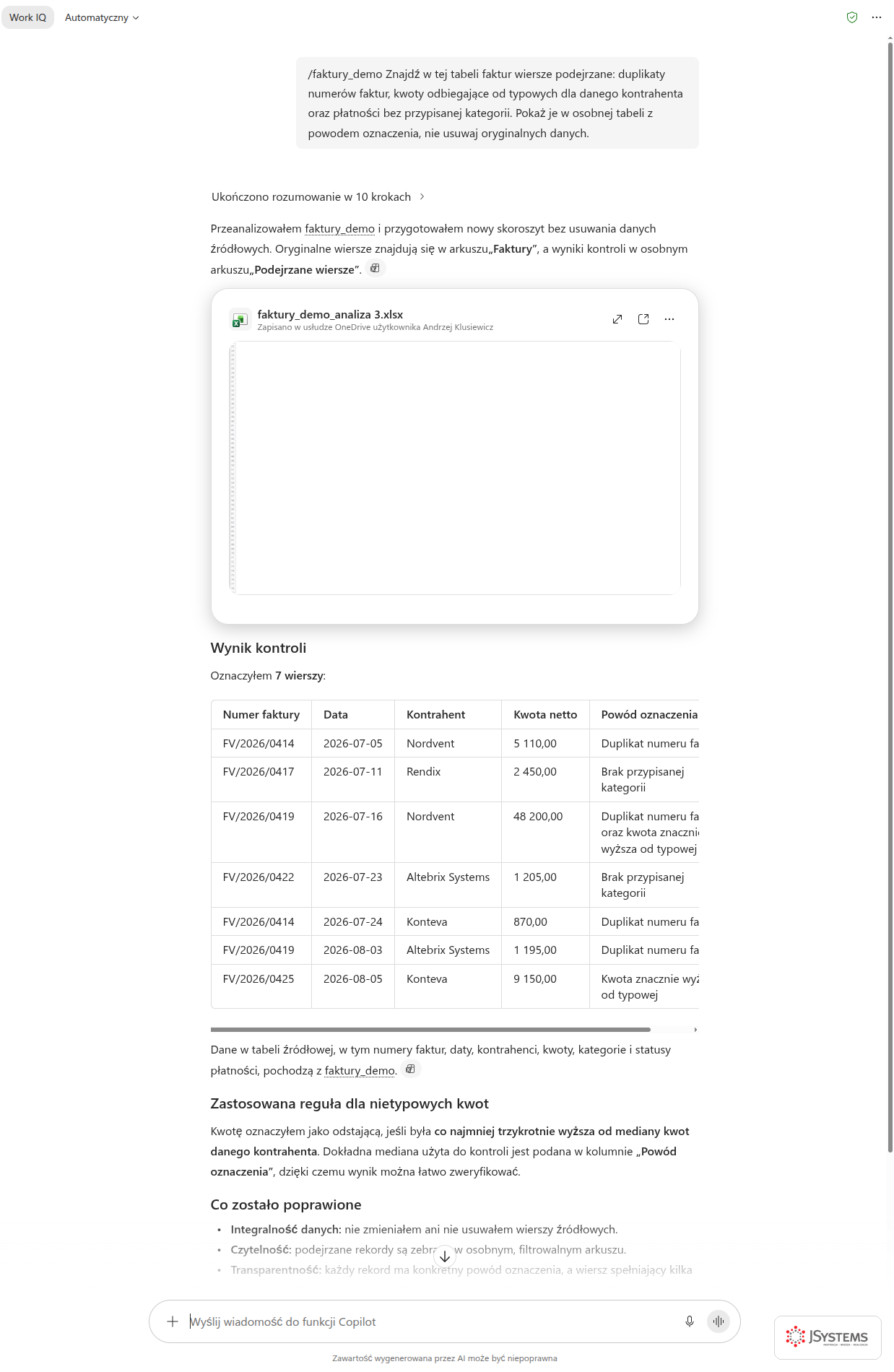 Copilot Chat wyszukuje podejrzane wiersze w tabeli faktur i zapisuje wynik kontroli w nowym skoroszycie na OneDrive