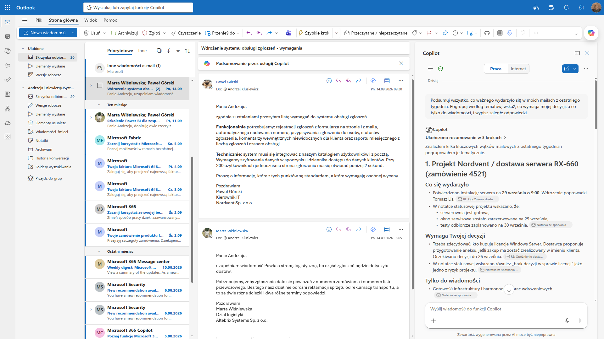 Podsumowanie tygodnia z maili pogrupowane tematami, z rozdzieleniem na to, co wymaga decyzji, i to, co jest tylko do wiadomości