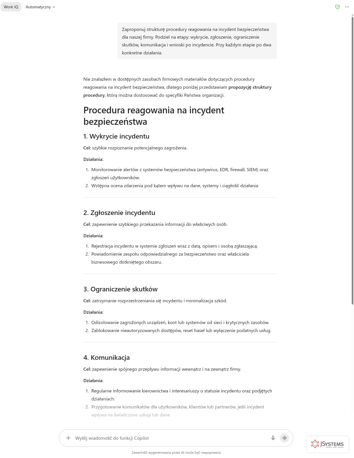 Copilot Chat układa procedurę reagowania na incydent bezpieczeństwa w etapach z celem i działaniami