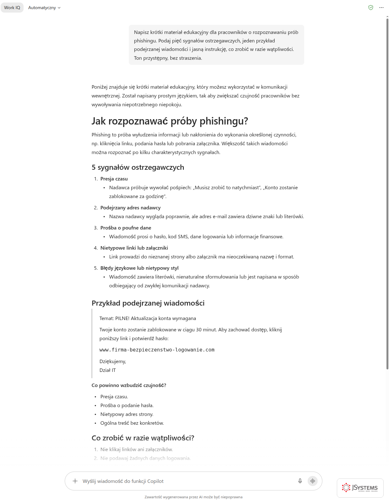 Copilot Chat pisze materiał edukacyjny o rozpoznawaniu phishingu z sygnałami ostrzegawczymi i instrukcją