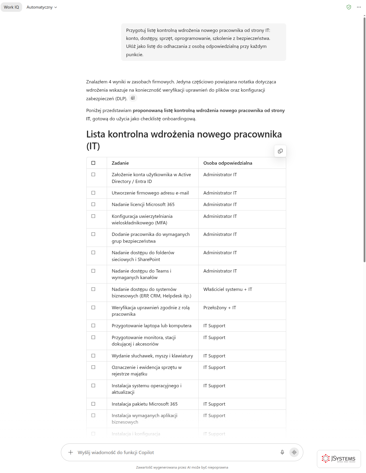 Copilot Chat przygotowuje listę kontrolną wdrożenia nowego pracownika, korzystając z notatek firmowych