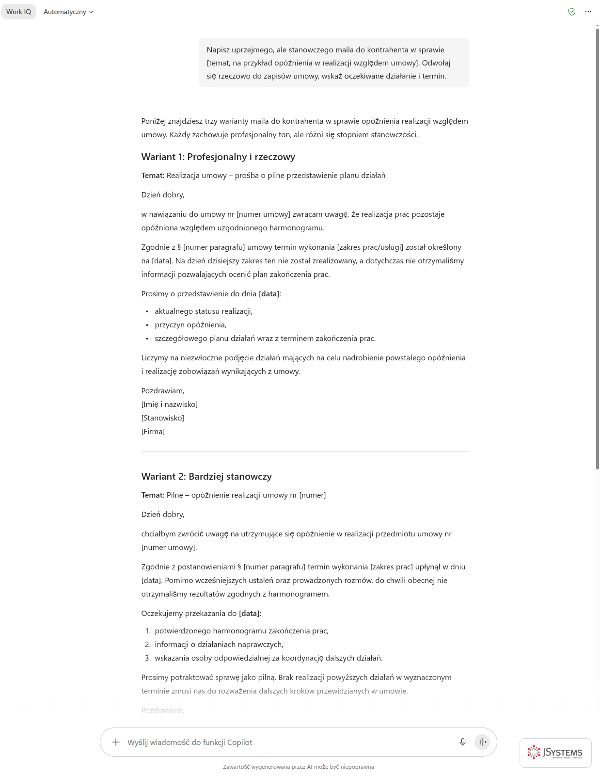 Copilot Chat pisze stanowcze, ale kulturalne przypomnienie o zaległej płatności