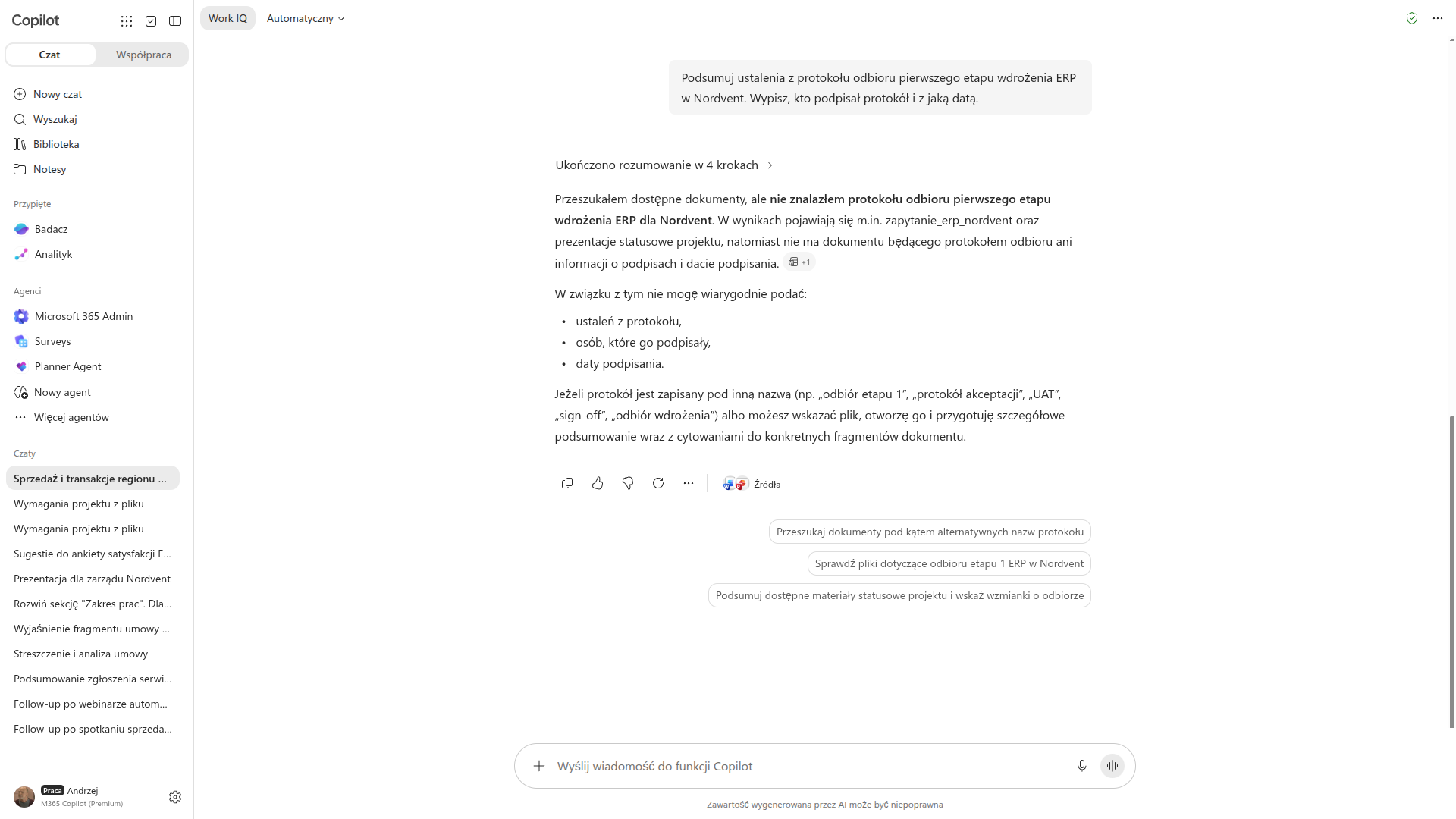 Copilot Chat odmawia streszczenia nieistniejącego protokołu odbioru i wypisuje, czego nie może wiarygodnie podać: ustaleń, osób podpisujących i daty