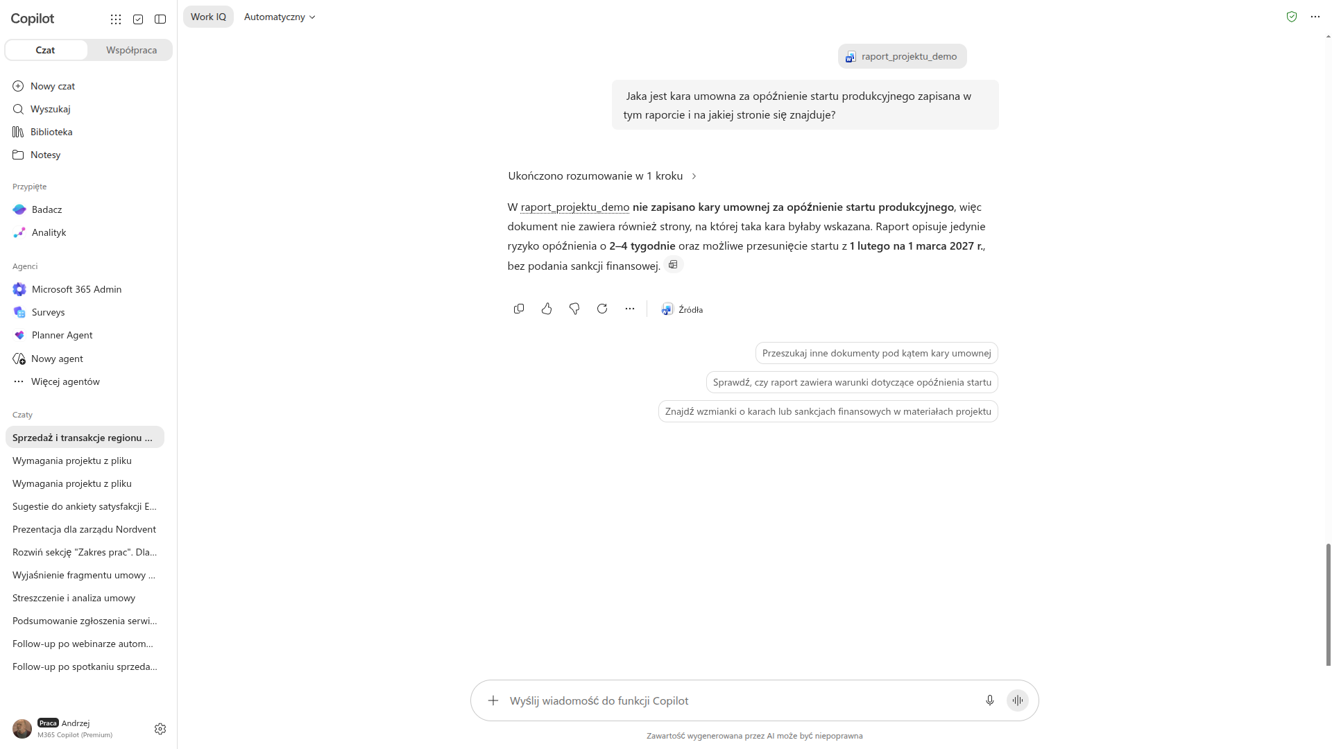 Copilot Chat odpowiada, że w raporcie projektu nie zapisano kary umownej, i wyjaśnia, co raport zawiera zamiast tego