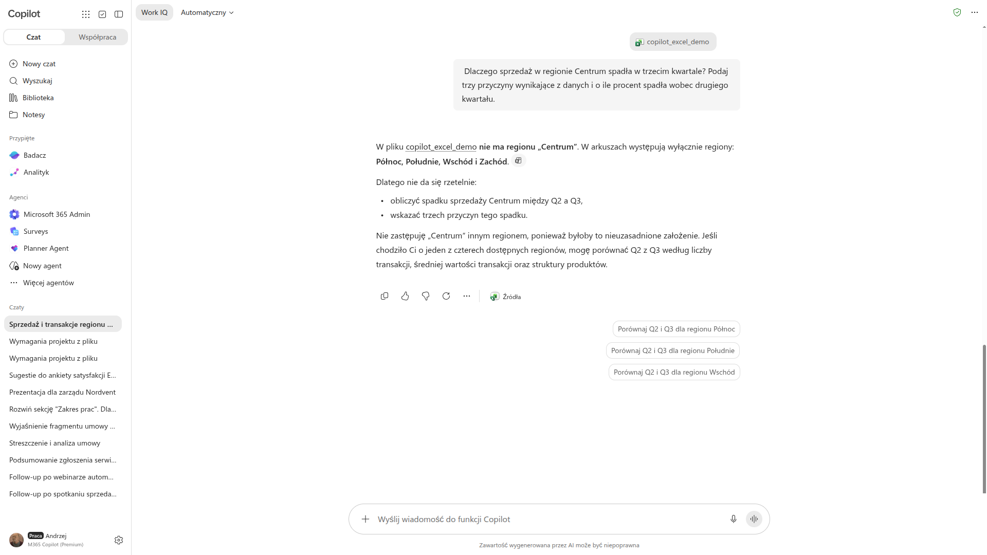 Copilot Chat odmawia odpowiedzi na pytanie o nieistniejący region Centrum i wymienia cztery regiony, które faktycznie są w pliku