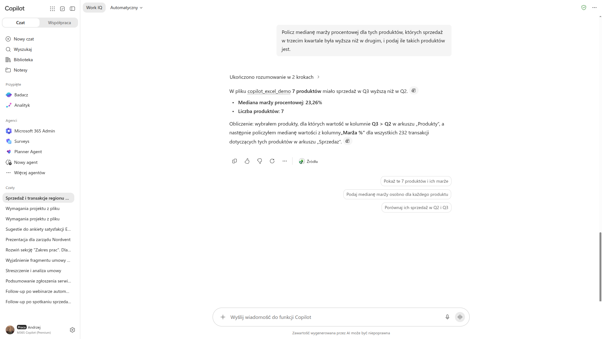 Copilot Chat podaje medianę marży 23,26 procent dla siedmiu produktów i opisuje, jak ją policzył