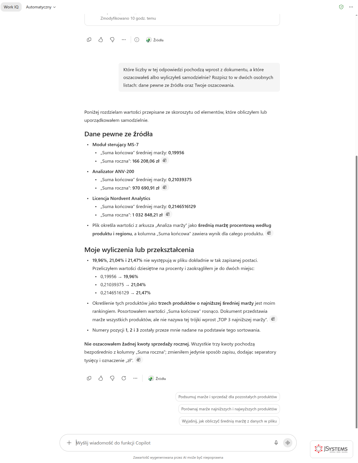 Copilot Chat rozdziela dane wzięte wprost z dokumentu od wartości, które policzył samodzielnie