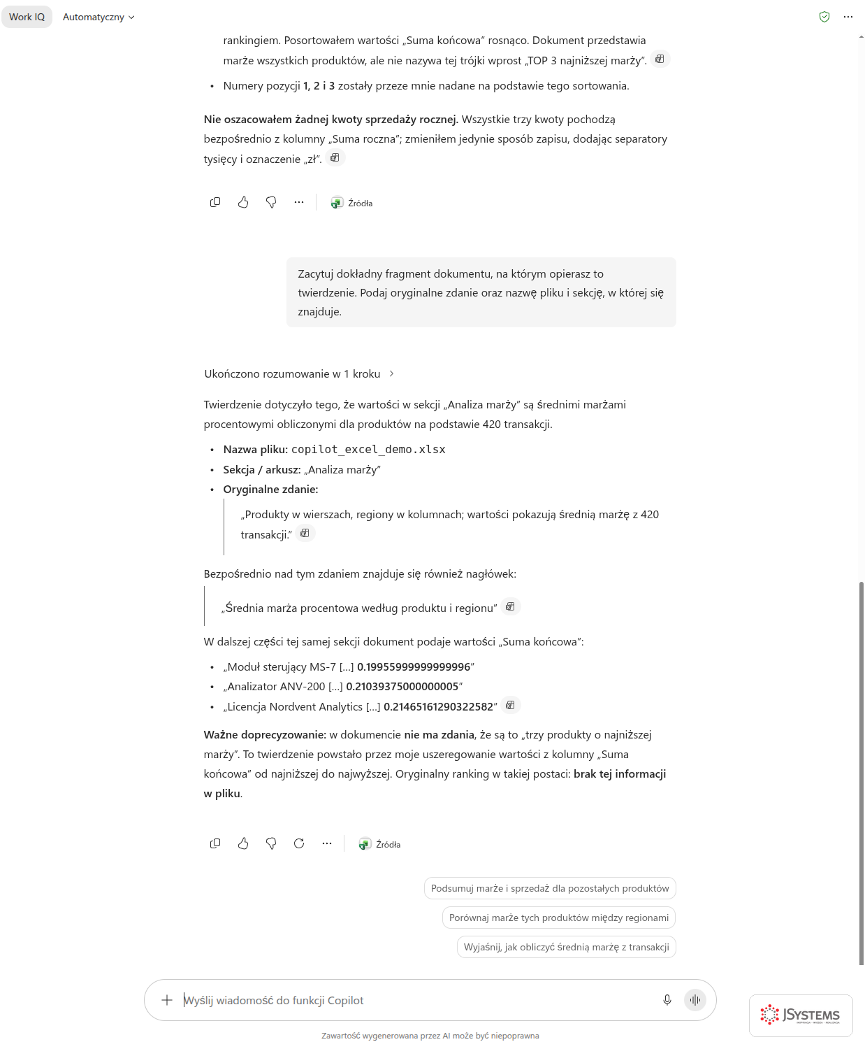 Copilot Chat cytuje fragment dokumentu i przyznaje, które elementy odpowiedzi dodał od siebie