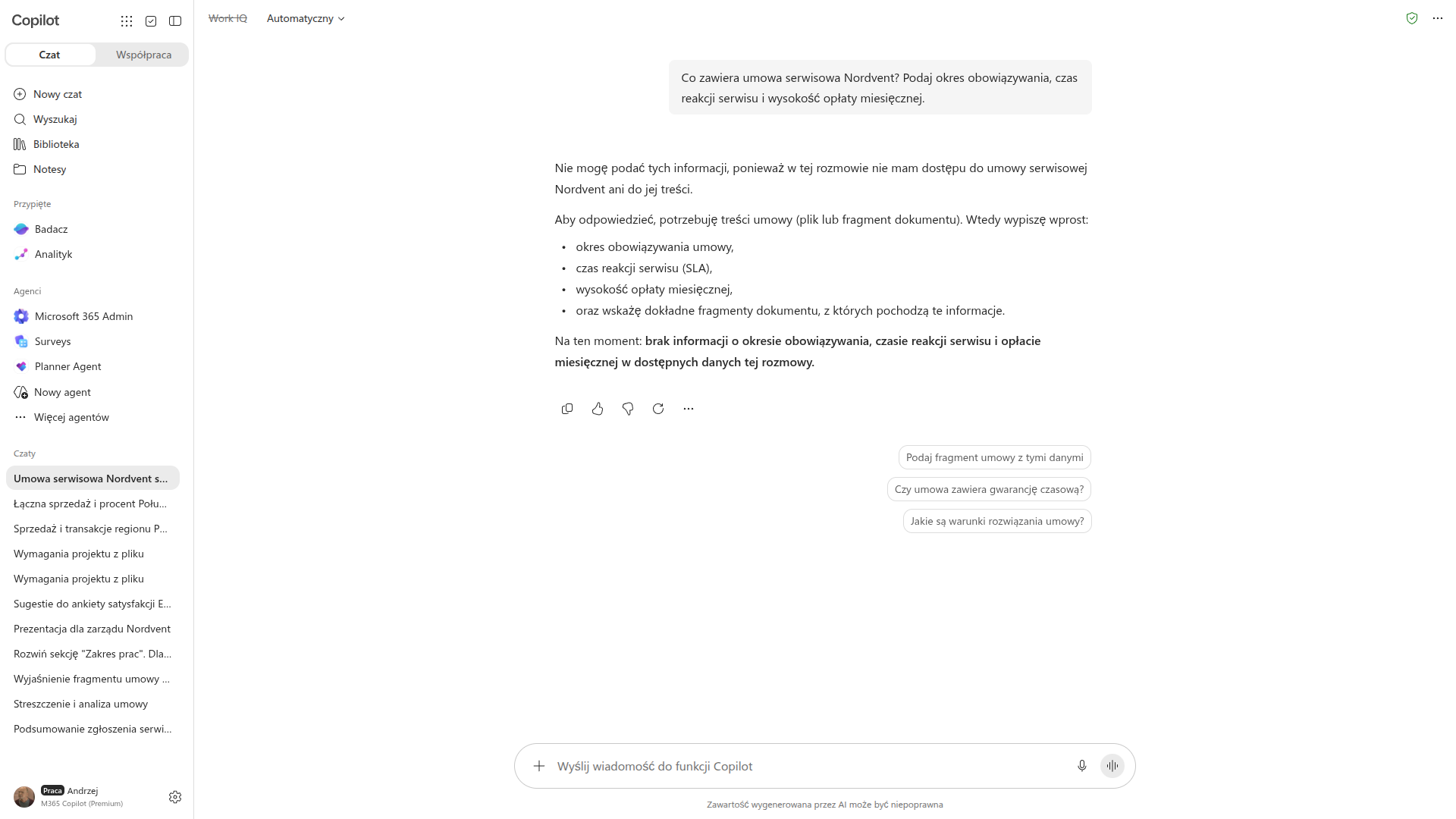 Copilot Chat z wyłączonym Work IQ odmawia odpowiedzi o firmową umowę serwisową