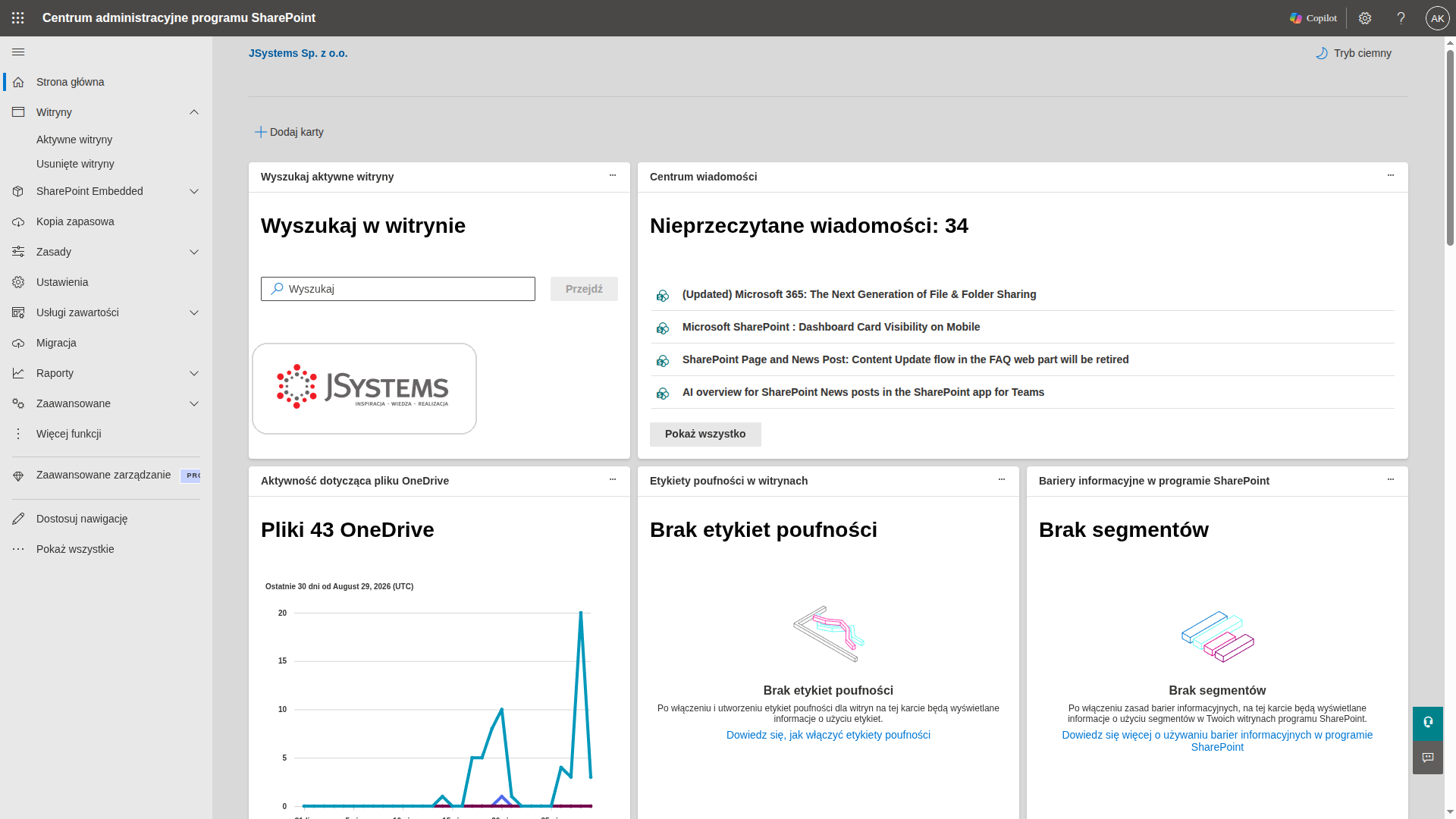 Centrum administracyjne SharePoint z kafelkami aktywnosci OneDrive, barier informacyjnych oraz informacja o braku skonfigurowanych etykiet poufnosci