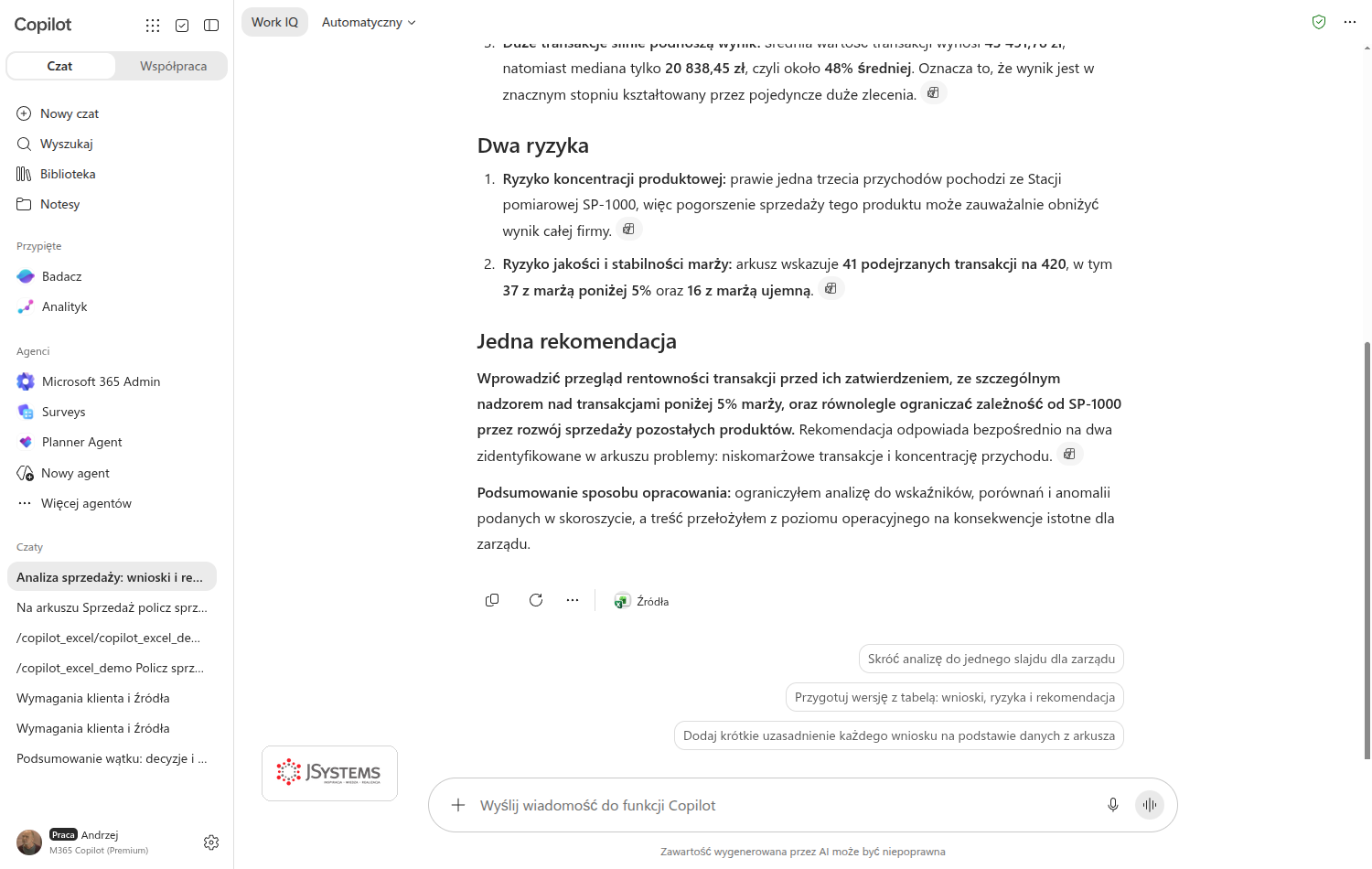 Koniec tej samej odpowiedzi: jedna rekomendacja oraz akapit Podsumowanie sposobu opracowania, w którym Copilot tłumaczy, że przełożył treść z poziomu operacyjnego na konsekwencje dla zarządu