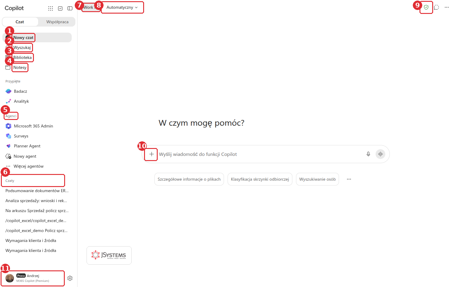 Okno Copilot Chat z jedenastoma ponumerowanymi zaznaczeniami: Nowy czat, Wyszukaj, Biblioteka, Notesy, Agenci, Czaty, Work IQ, selektor trybu, zielona tarcza, plus przy polu wiadomości i plakietka konta