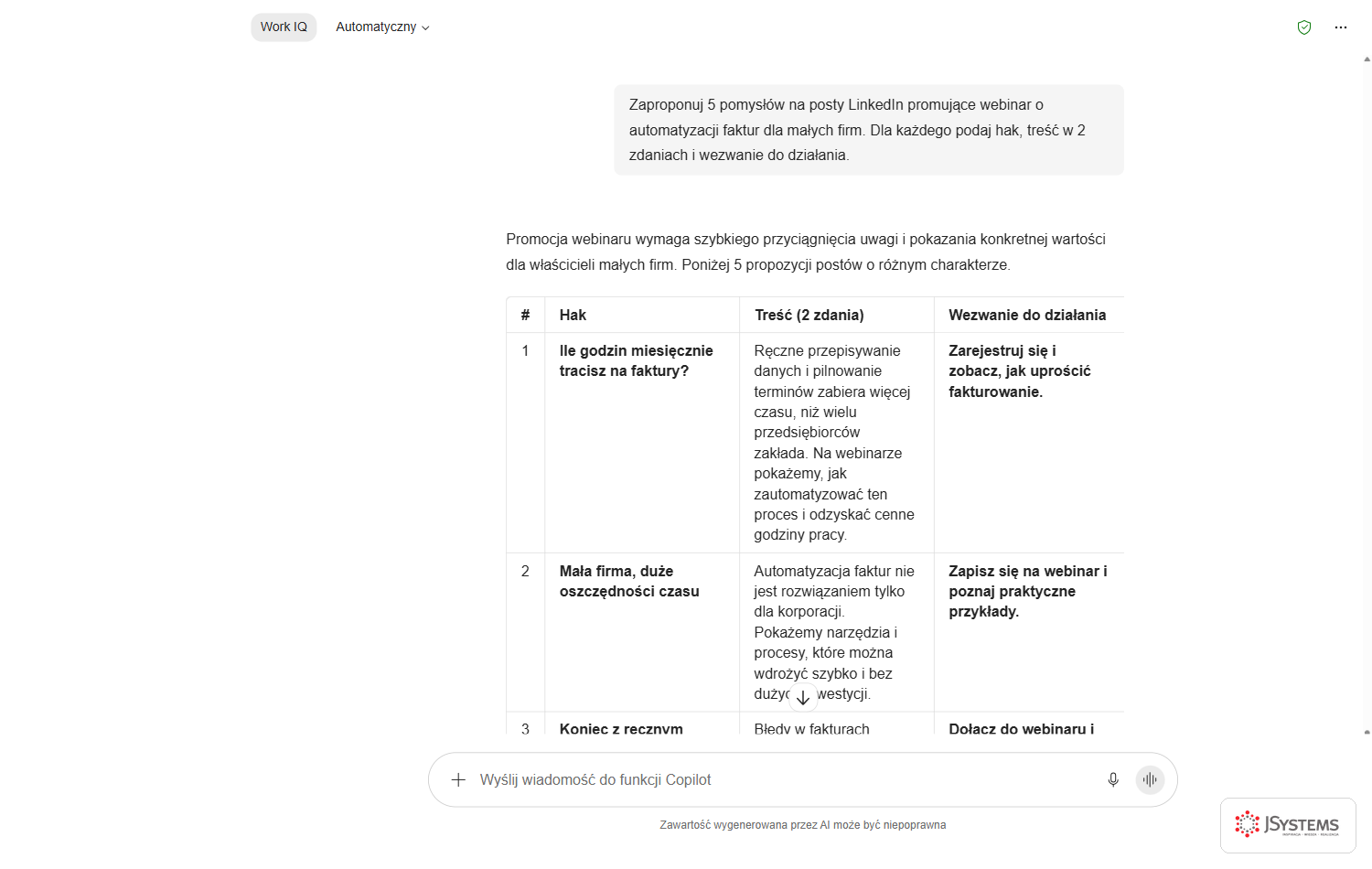 Copilot Chat proponuje pomysły na posty LinkedIn promujące webinar, każdy z hakiem, treścią i wezwaniem do działania