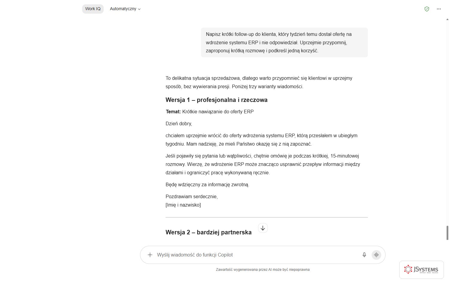 Microsoft 365 Copilot generuje gotowy follow-up do klienta z jednego precyzyjnego polecenia