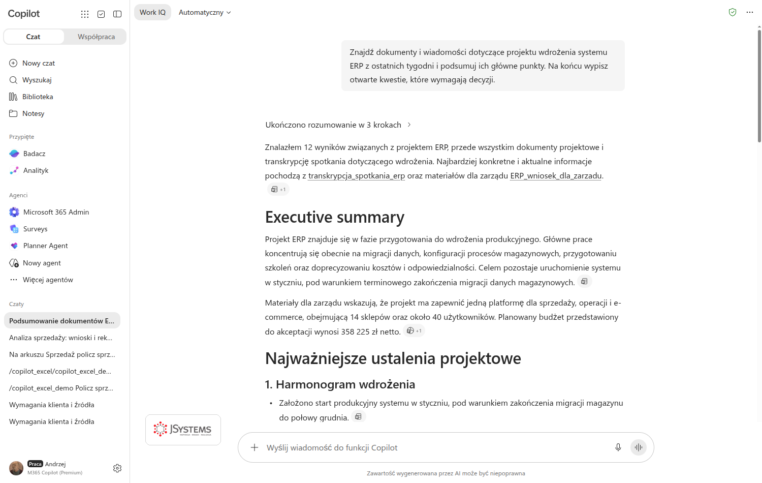 Copilot Chat odpowiada na pytanie o projekt ERP streszczeniem z sekcjami, a przy zdaniach ma ikony odsyłaczy do transkrypcji spotkania i materiałów dla zarządu