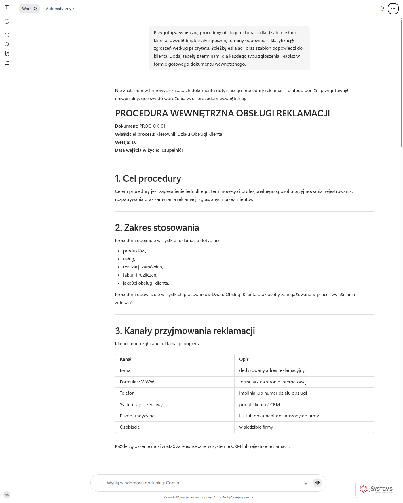 Copilot Chat generuje wewnętrzną procedurę obsługi reklamacji z tabelą kanałów zgłoszeń