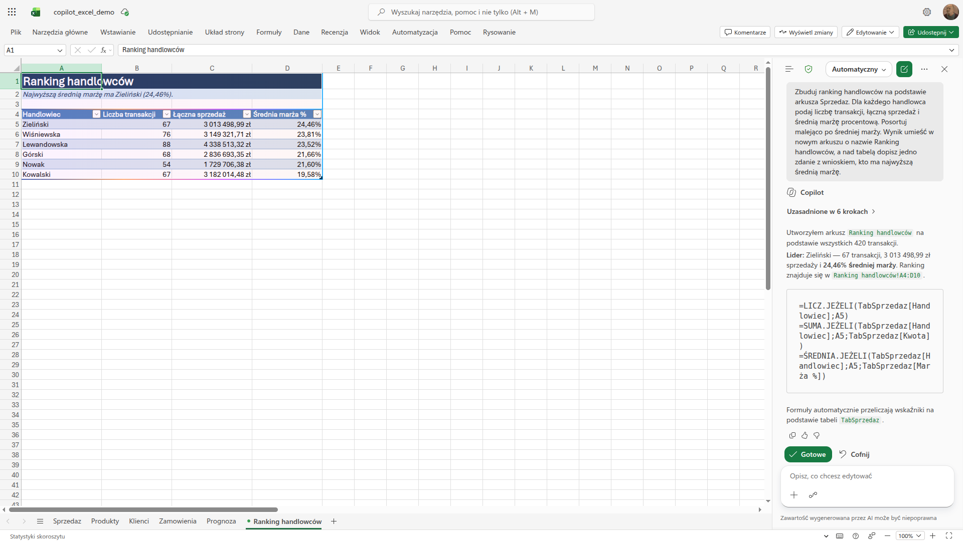 Excel z rankingiem handlowców zbudowanym przez Copilota i panelem bocznym pokazującym użytą formułę