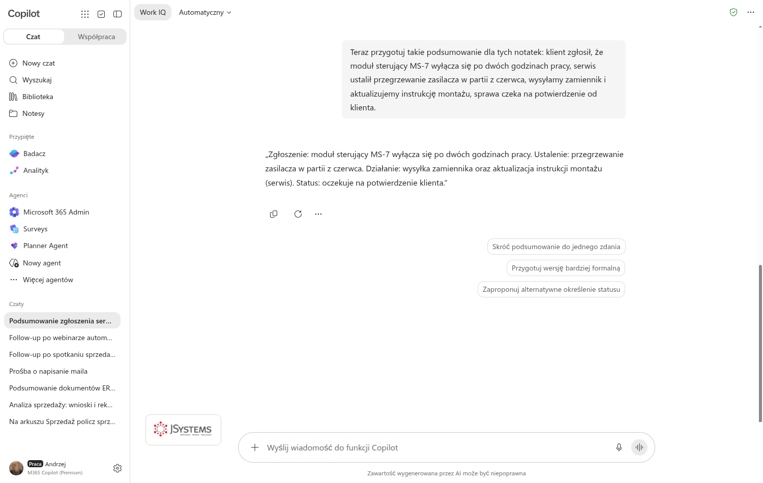 Copilot Chat po poleceniu few-shot z dwoma przykładami zwraca podsumowanie zgłoszenia serwisowego w identycznym układzie: Zgłoszenie, Ustalenie, Działanie z osobą w nawiasie i Status