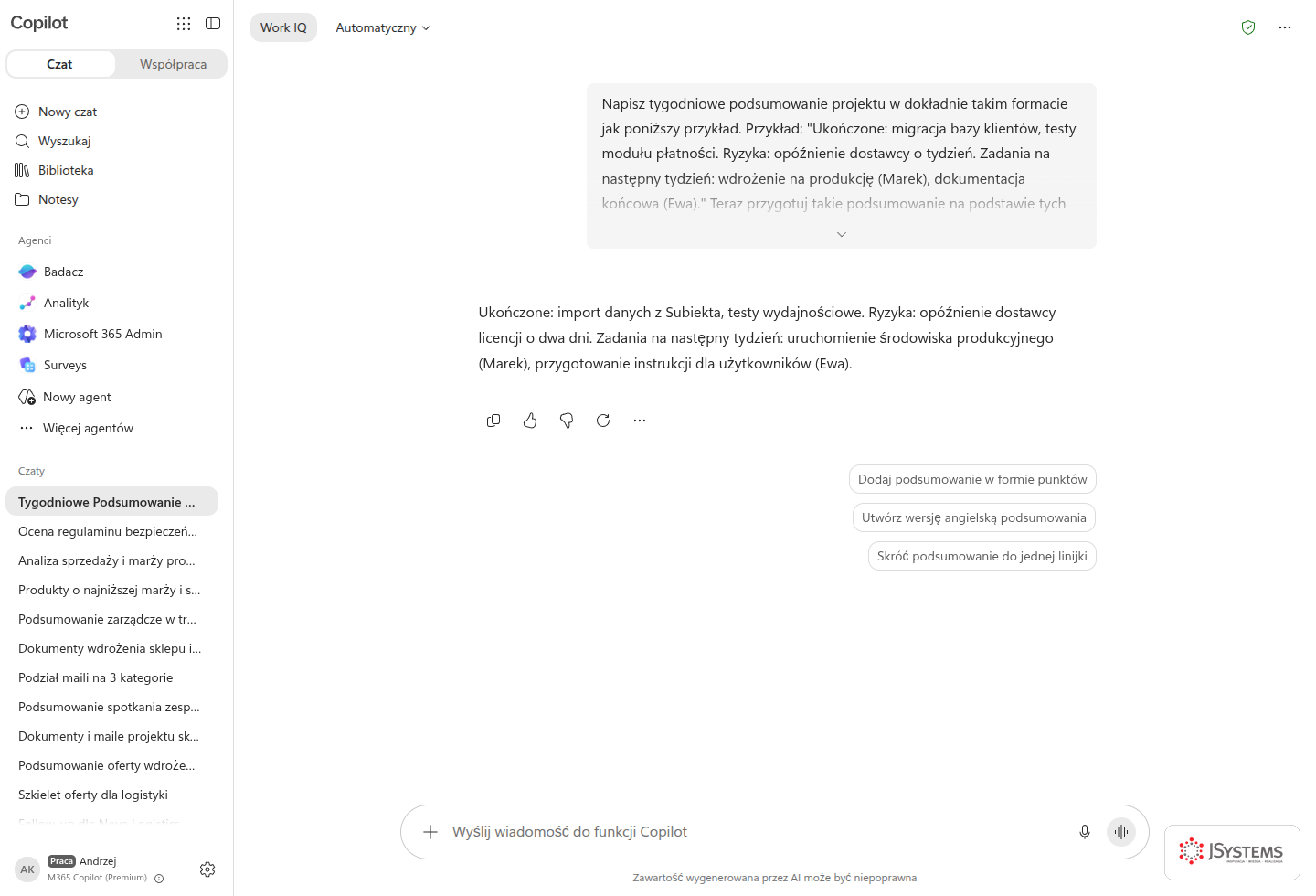Copilot Chat generuje tygodniowe podsumowanie projektu z etykietami ukończone, ryzyka i zadania