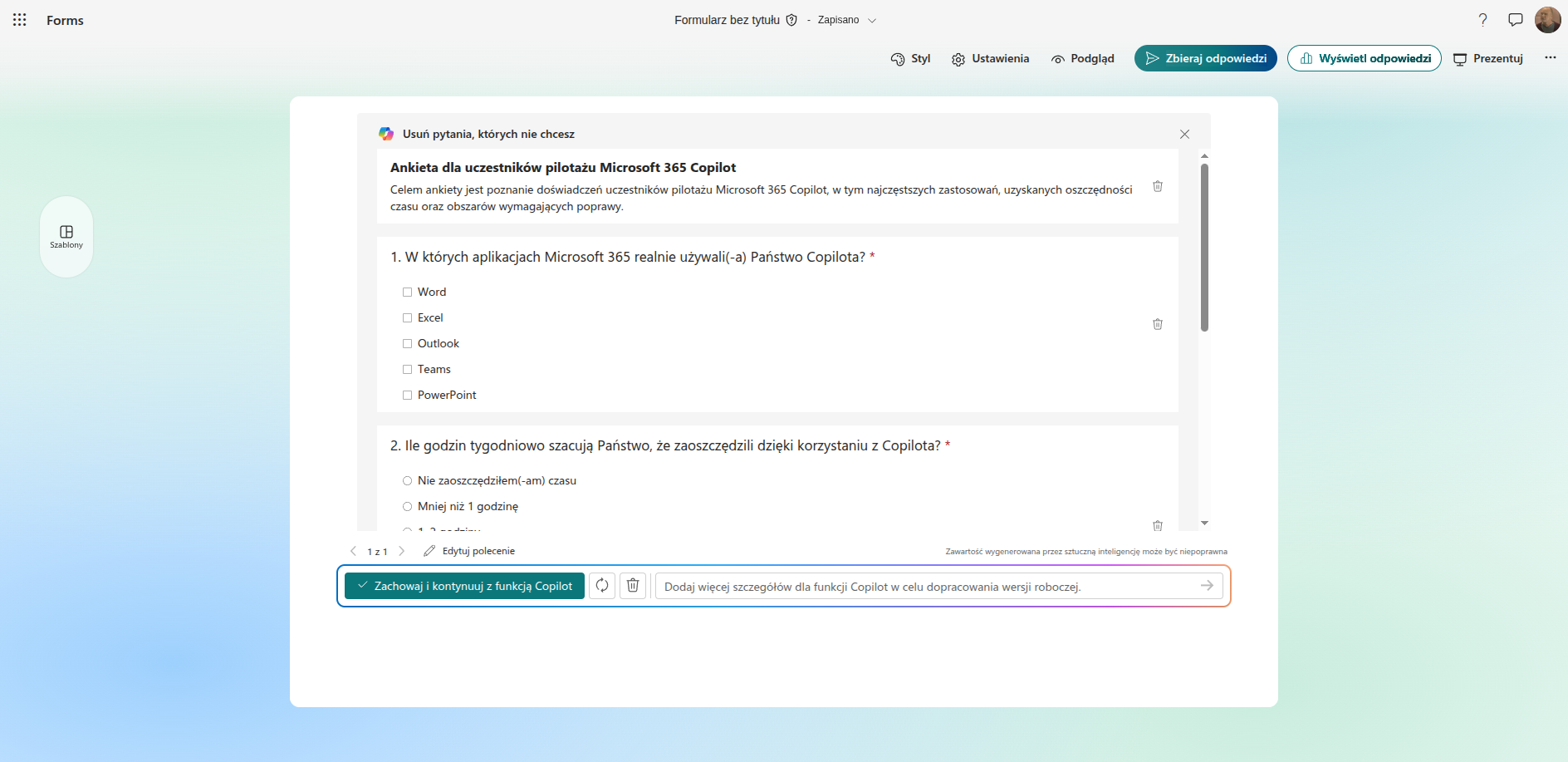 Panel Copilota w Microsoft Forms z propozycją ankiety dla uczestników pilotażu Microsoft 365 Copilot: pytanie o używane aplikacje z polami wyboru i pytanie o zaoszczędzone godziny