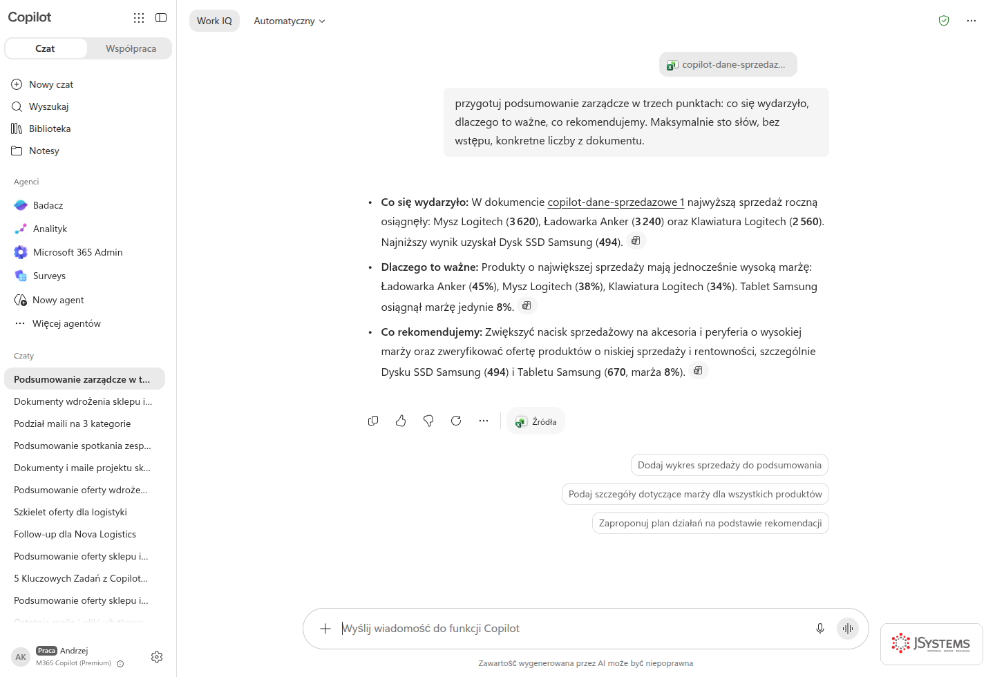 Copilot Chat z włączonym Work IQ pokazuje odpowiedź na pytanie do pliku firmowego z ponumerowanymi cytowaniami do konkretnych dokumentów OneDrive i SharePoint