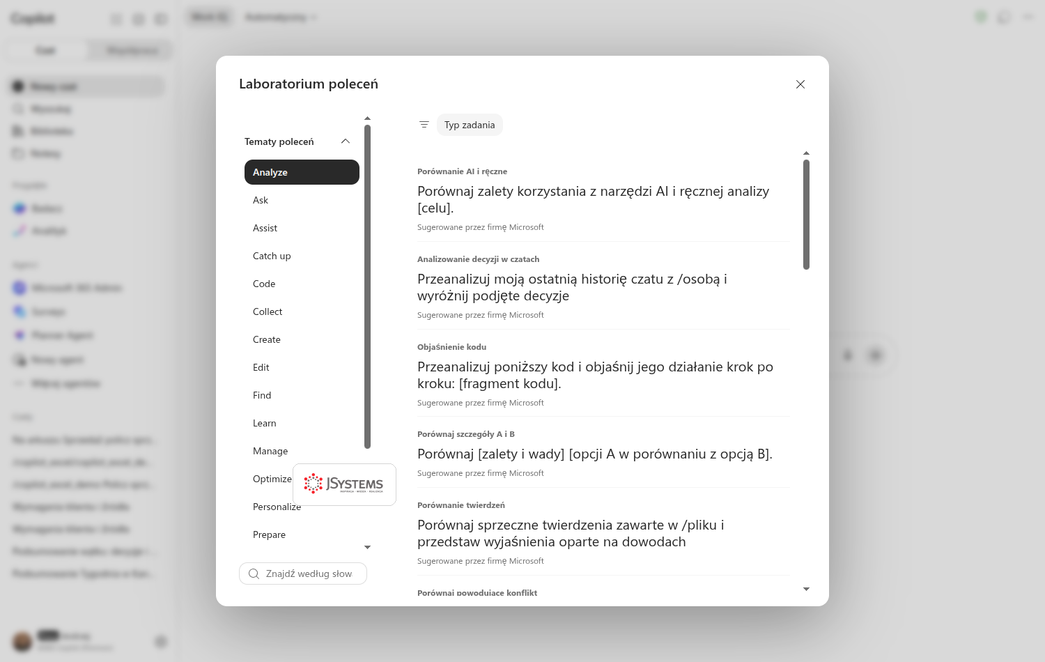 Okno Laboratorium poleceń w Copilot Chat z listą tematów po lewej stronie i gotowymi poleceniami po prawej, każde z opisem i adnotacją sugerowane przez firmę Microsoft
