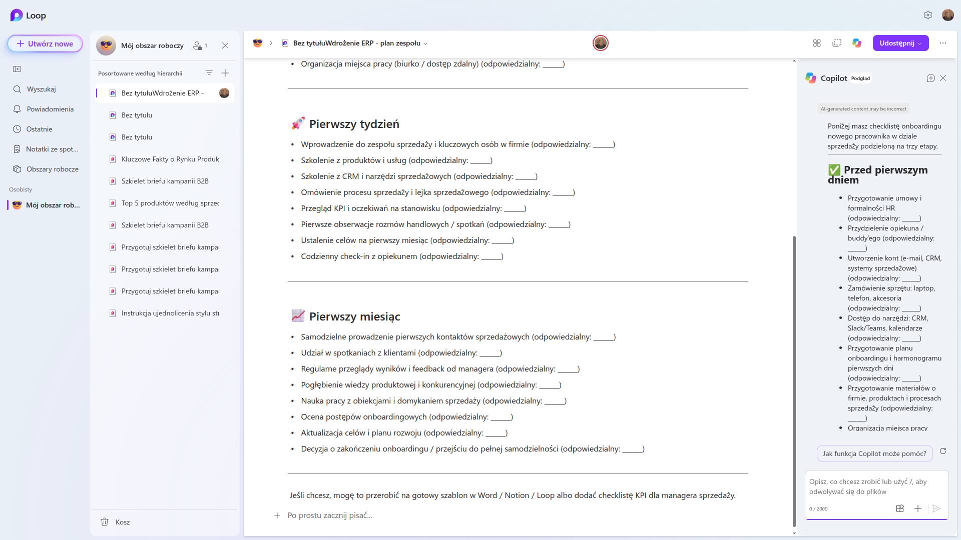 Lista kontrolna onboardingu handlowca wygenerowana przez Copilota w Microsoft Loop, z sekcjami pierwszy tydzień i pierwszy miesiąc oraz miejscem na odpowiedzialnego