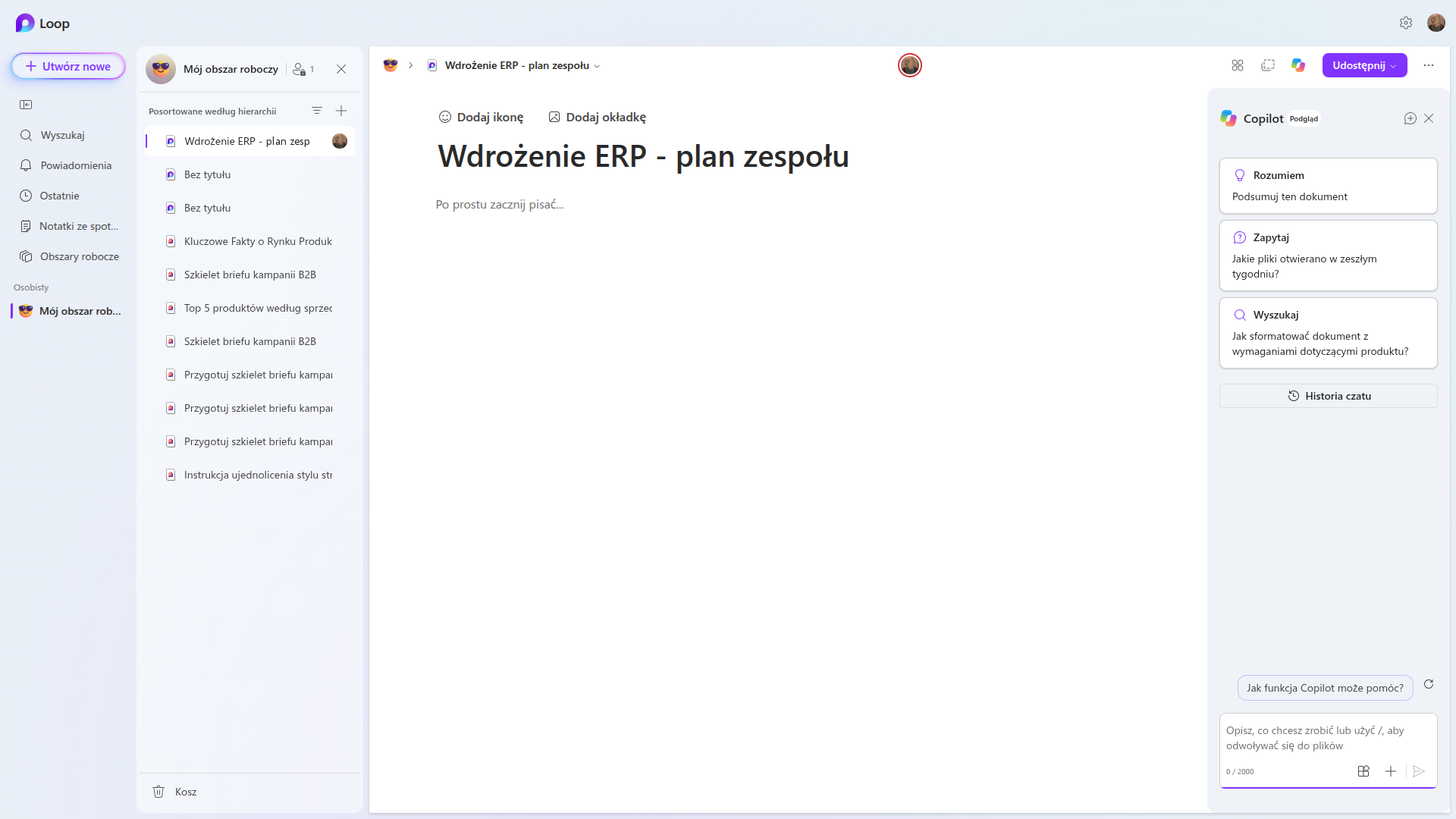 Panel Copilota w Microsoft Loop otwarty przy pustej stronie „Wdrożenie ERP - plan zespołu”, z podpowiedziami Rozumiem, Zapytaj i Wyszukaj oraz polem polecenia na dole