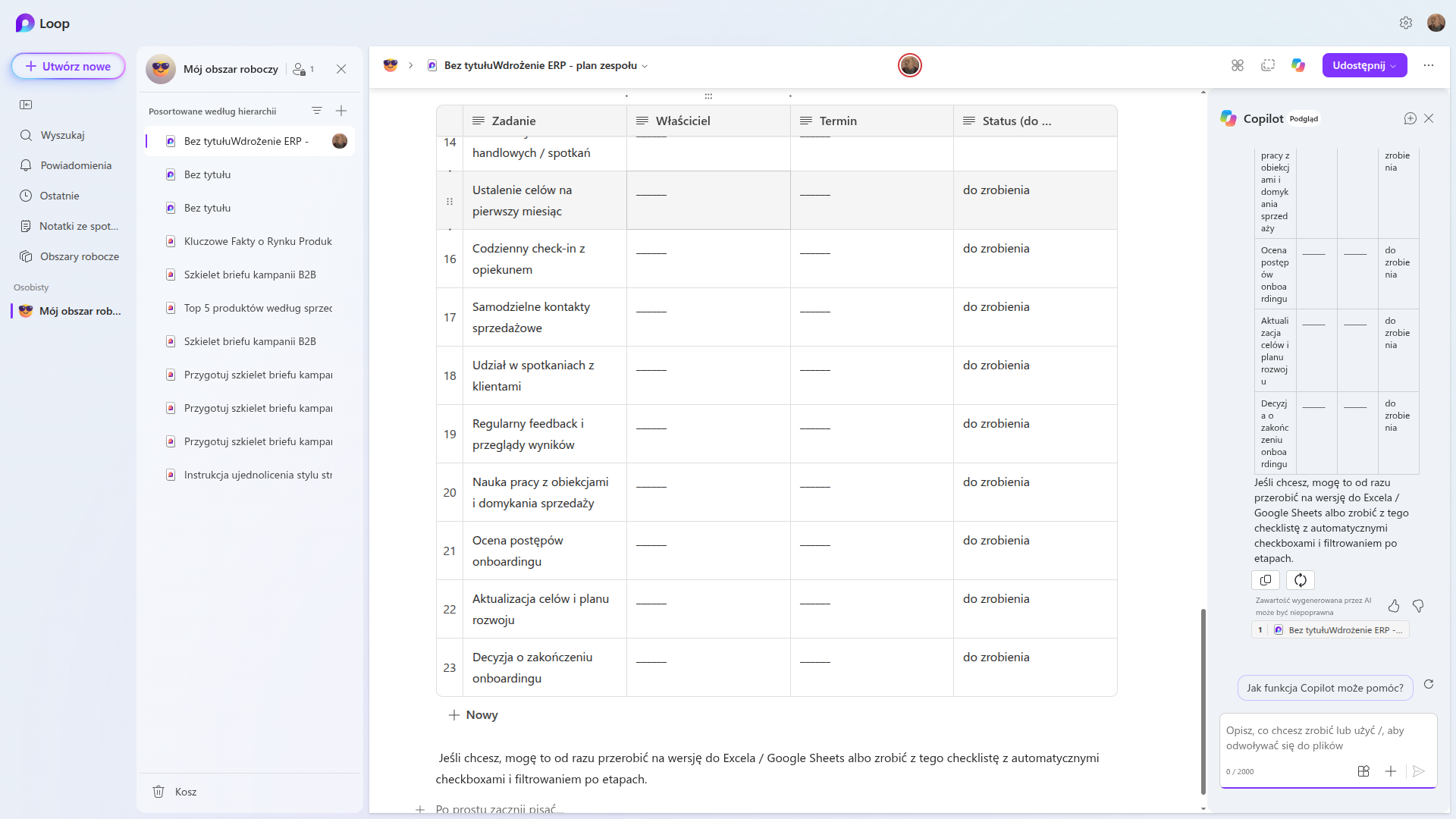 Lista onboardingu zamieniona przez Copilota w tabelę w Microsoft Loop, z kolumnami Zadanie, Właściciel, Termin i Status