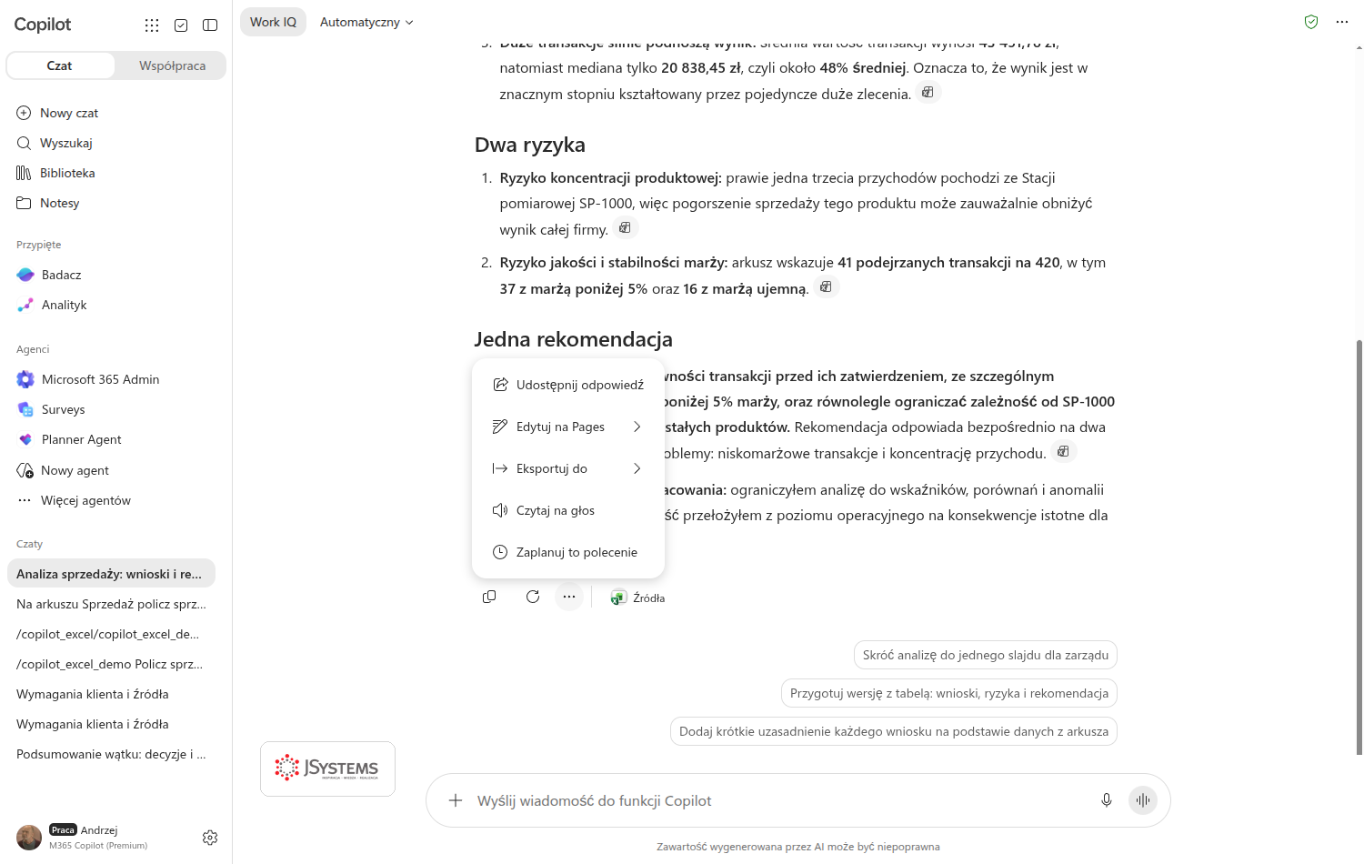 Rozwinięte menu pod odpowiedzią Copilota z pozycjami Udostępnij odpowiedź, Edytuj na Pages, Eksportuj do, Czytaj na głos i Zaplanuj to polecenie