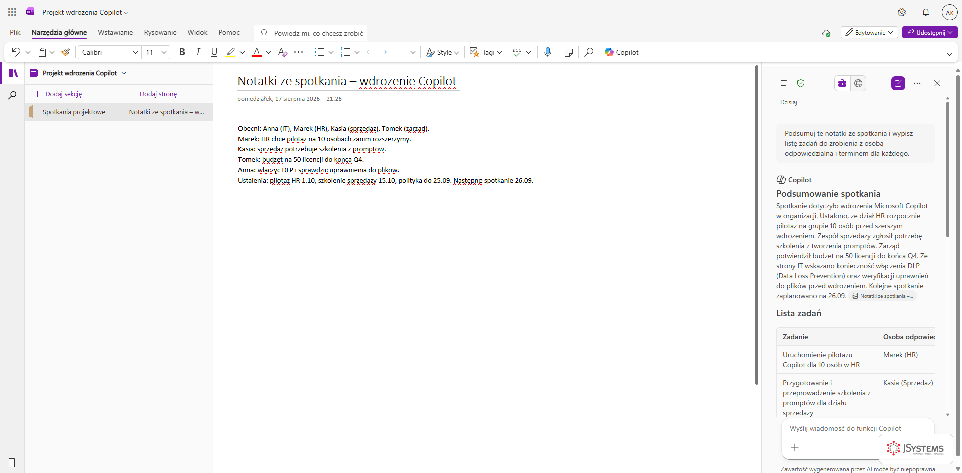 Copilot w OneNote: po lewej surowe notatki ze spotkania na stronie notatnika, po prawej panel Copilota z sekcją Podsumowanie spotkania i tabelą Lista zadań z osobami odpowiedzialnymi