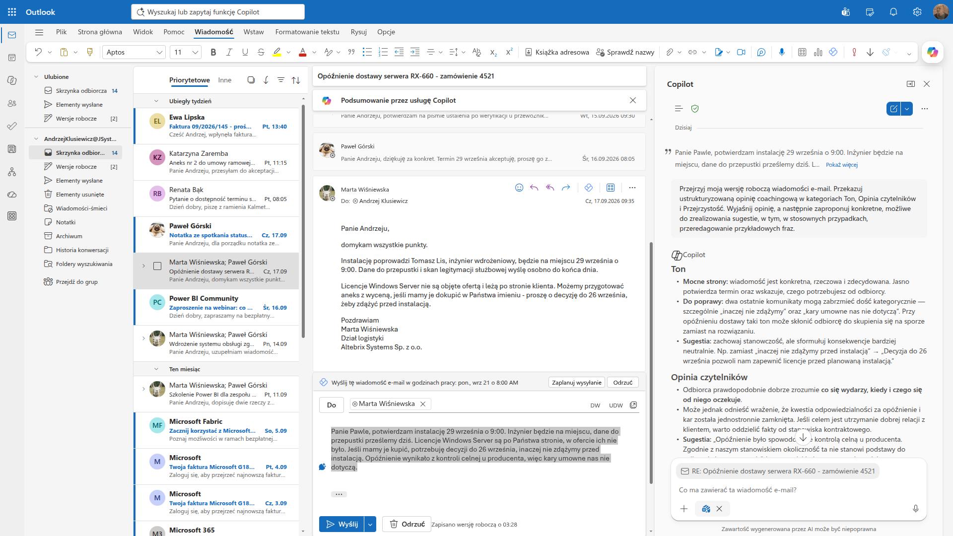 Coaching Copilota ocenia wersję roboczą maila w Outlooku i proponuje mniej kategoryczne sformułowania