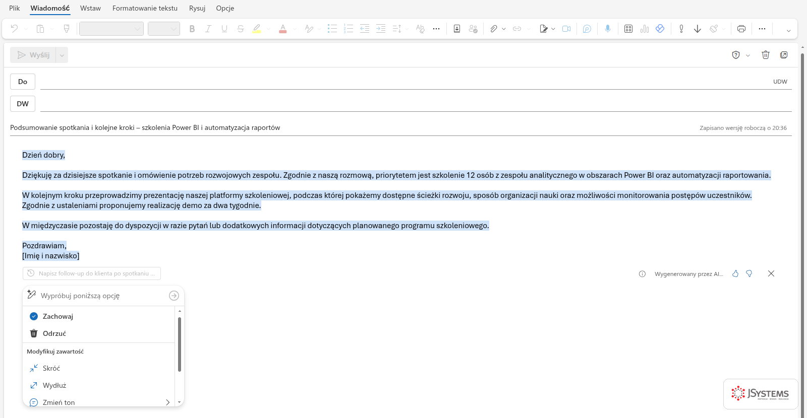 Wygenerowana wersja robocza follow-upu w oknie nowej wiadomości Outlooka, z tematem i panelem opcji Zachowaj, Odrzuć, Skróć, Wydłuż, Zmień ton