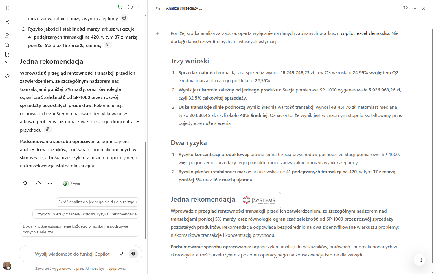 Okno Copilot Pages podzielone na pół: po lewej rozmowa z Copilotem, po prawej dokument z analizą zarządczą przeniesioną z odpowiedzi, z nagłówkami Trzy wnioski, Dwa ryzyka i Jedna rekomendacja