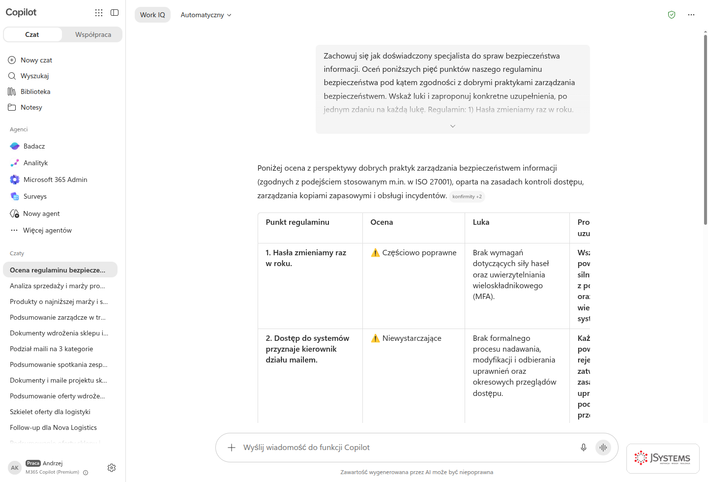 Copilot Chat w roli eksperta zwraca ustrukturyzowaną ocenę z wypunktowaniem mocnych stron i luk