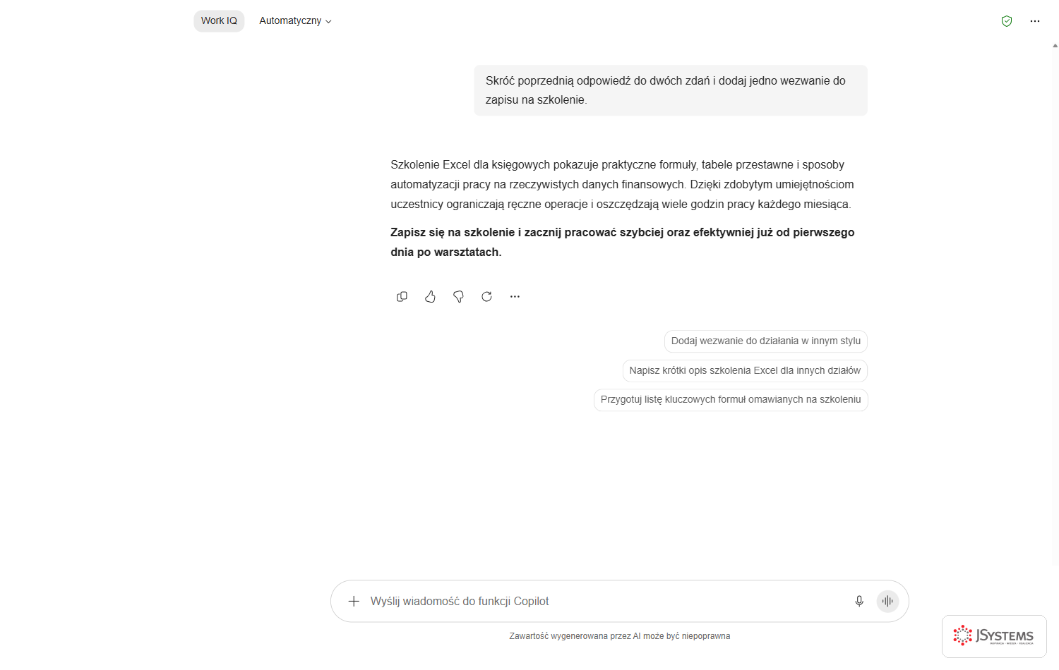 Copilot Chat doprecyzowuje wcześniejszą odpowiedź krótką komendą, skraca tekst i dodaje wezwanie do działania