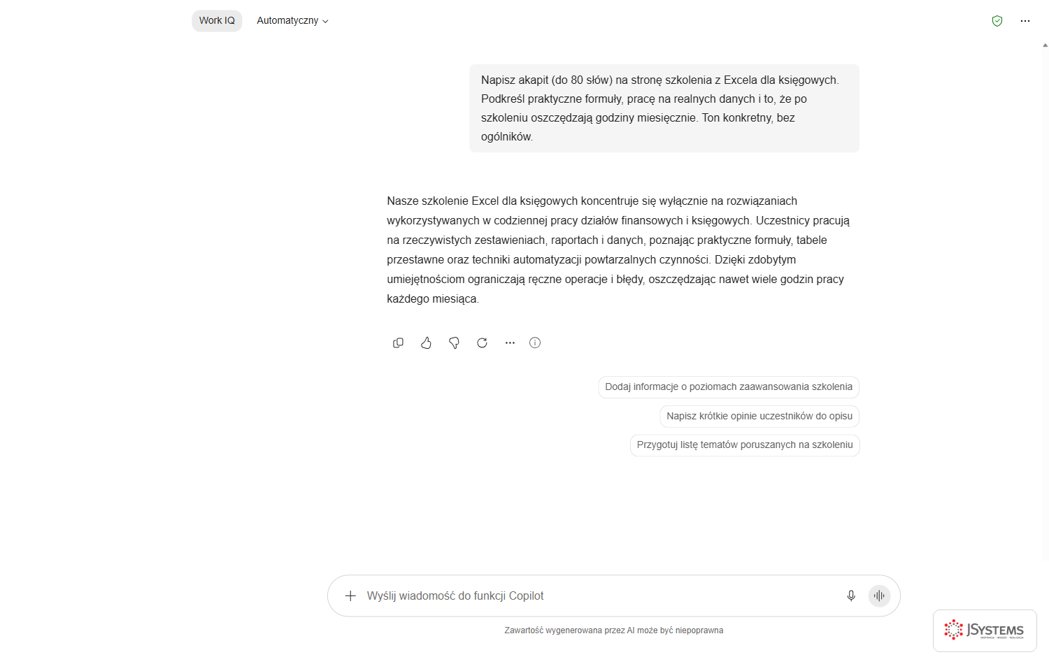 Pierwsza odpowiedź Copilota na prompt startowy - jeden akapit prozy o szkoleniu z Excela, punkt wyjścia do iteracji