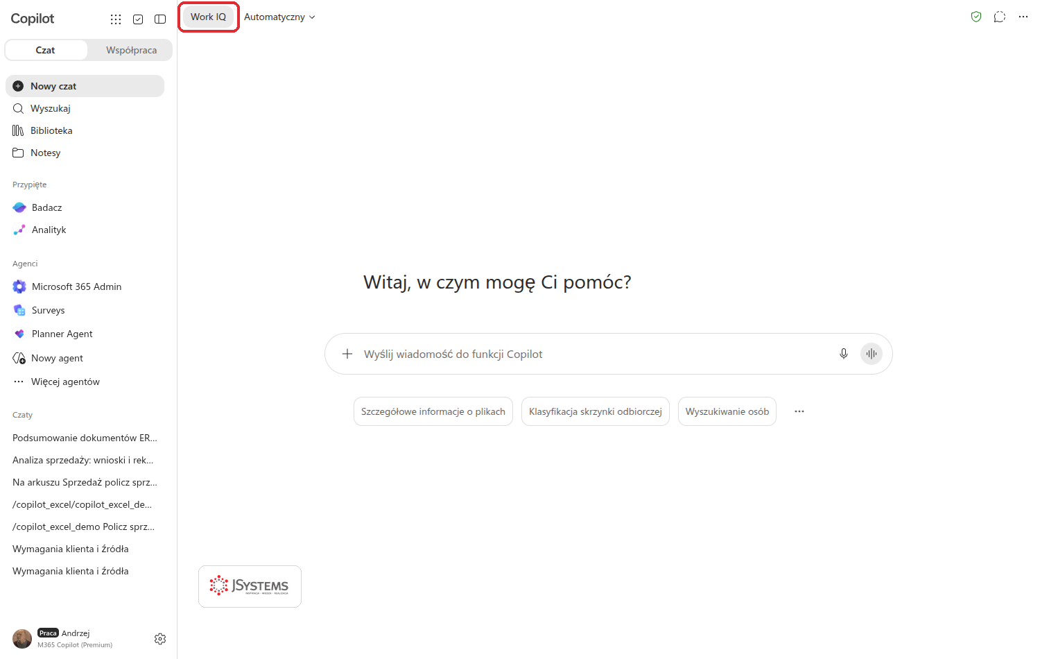 Górny pasek Copilot Chat z zaznaczonym przełącznikiem Work IQ w stanie włączonym, obok selektor trybu odpowiedzi
