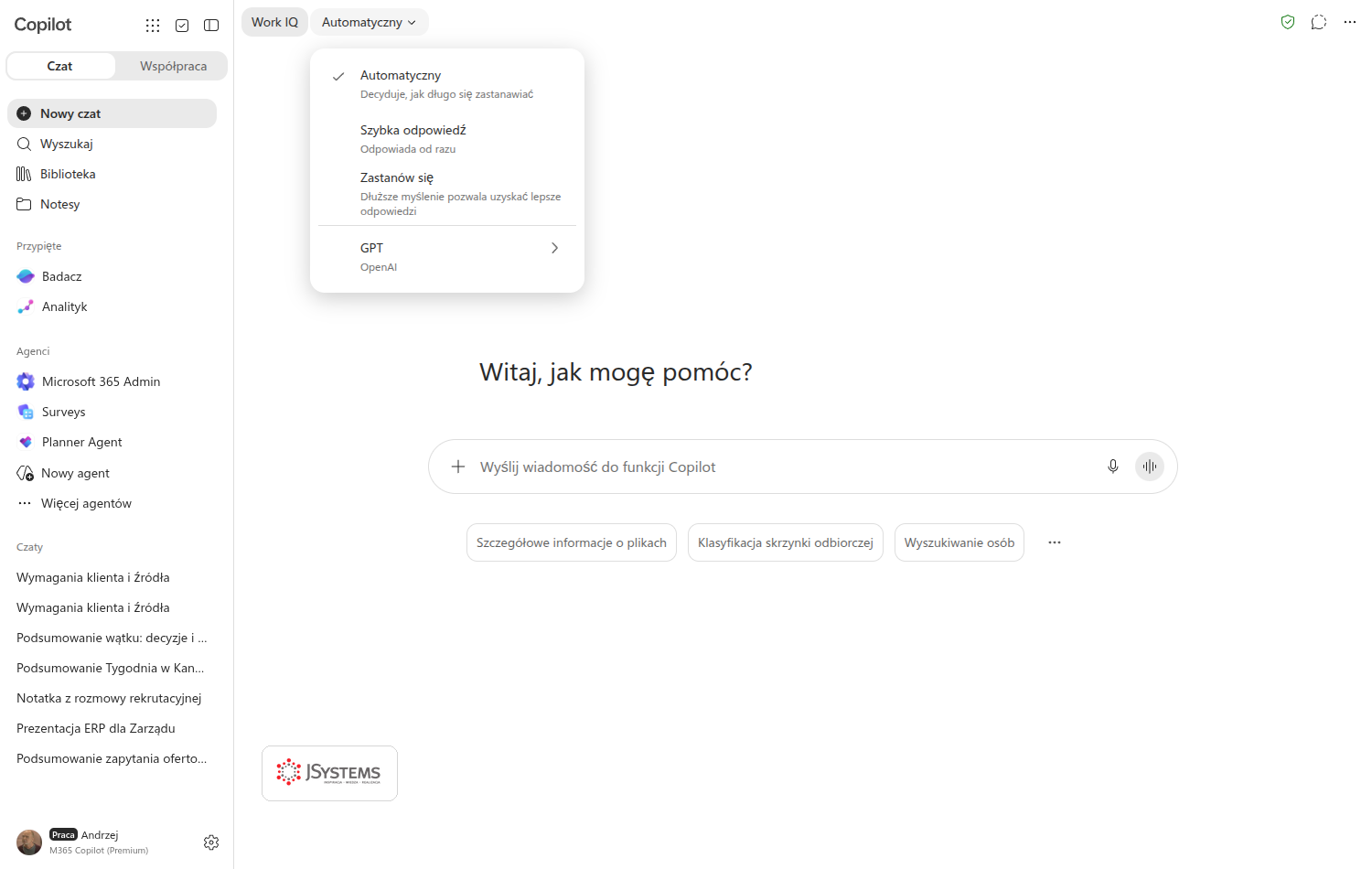 Rozwinięty selektor modelu w Copilot Chat z czterema pozycjami: Automatyczny, Szybka odpowiedź, Zastanów się oraz GPT od OpenAI