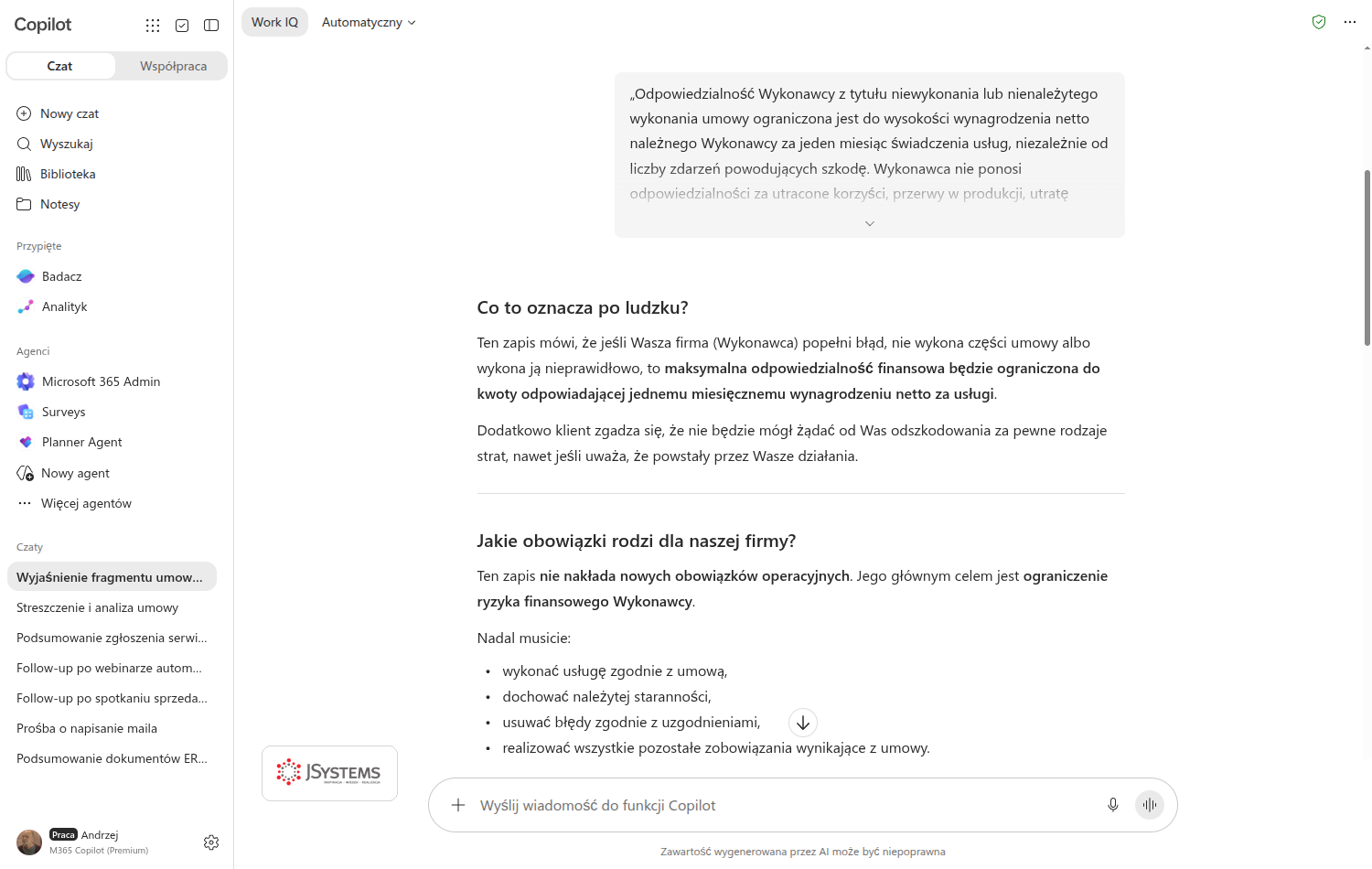 Copilot Chat wyjaśnia klauzulę ograniczenia odpowiedzialności prostym językiem pod nagłówkiem Co to oznacza po ludzku, a niżej odpowiada, jakie obowiązki rodzi dla firmy