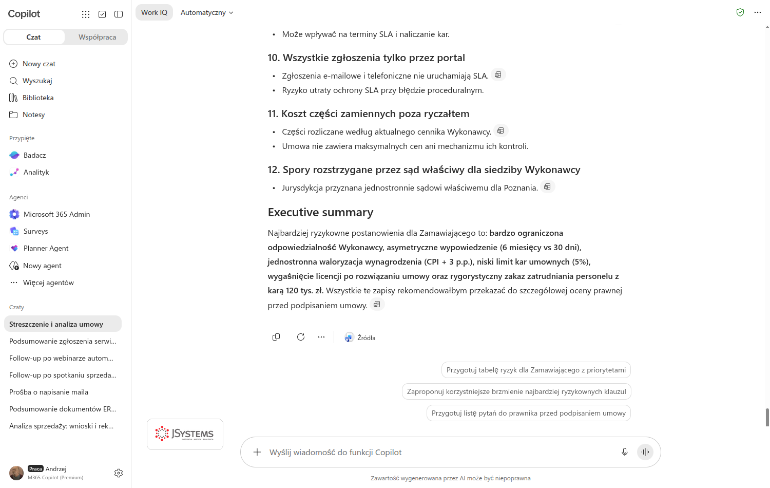 Copilot Chat po streszczeniu umowy serwisowej wypisuje zapisy nietypowe i niekorzystne, w tym asymetryczne wypowiedzenie, jednostronną jurysdykcję i limit kar umownych, z odsyłaczami do dokumentu źródłowego