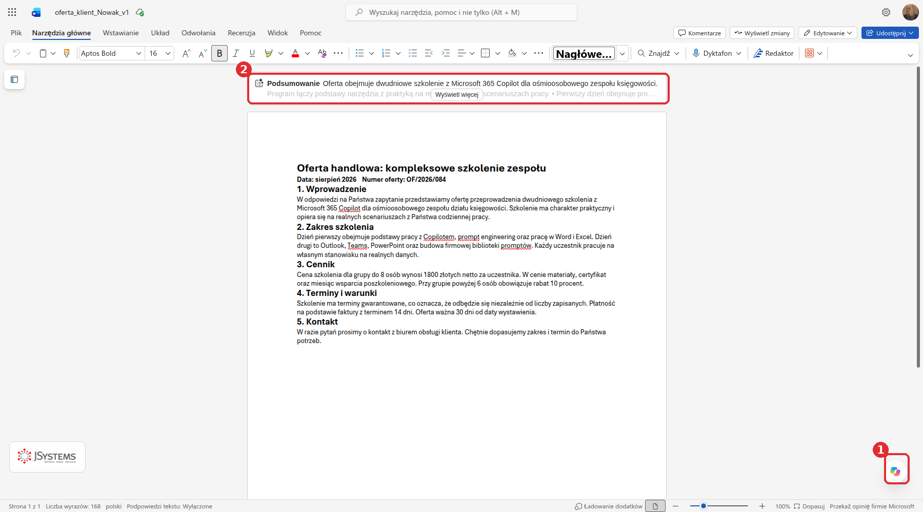 Dokument Word otwarty w przeglądarce z zaznaczonym okrągłym przyciskiem Copilota w prawym dolnym rogu oraz z zaznaczoną belką podsumowania Copilota nad treścią dokumentu