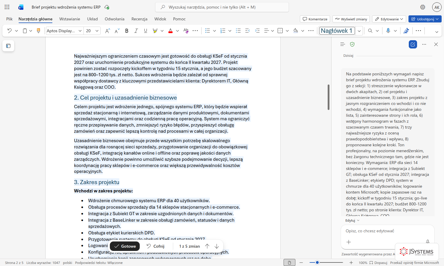 Word z briefem projektu ERP wygenerowanym przez Copilota, po prawej panel z treścią polecenia