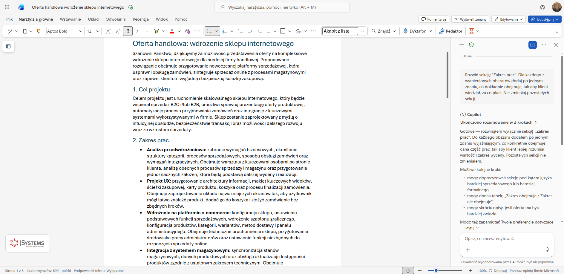 Word z rozwiniętą sekcją Zakres prac w ofercie wdrożenia sklepu internetowego, panel Copilota wylicza, co dopisał, a licznik słów u dołu okna pokazuje 699
