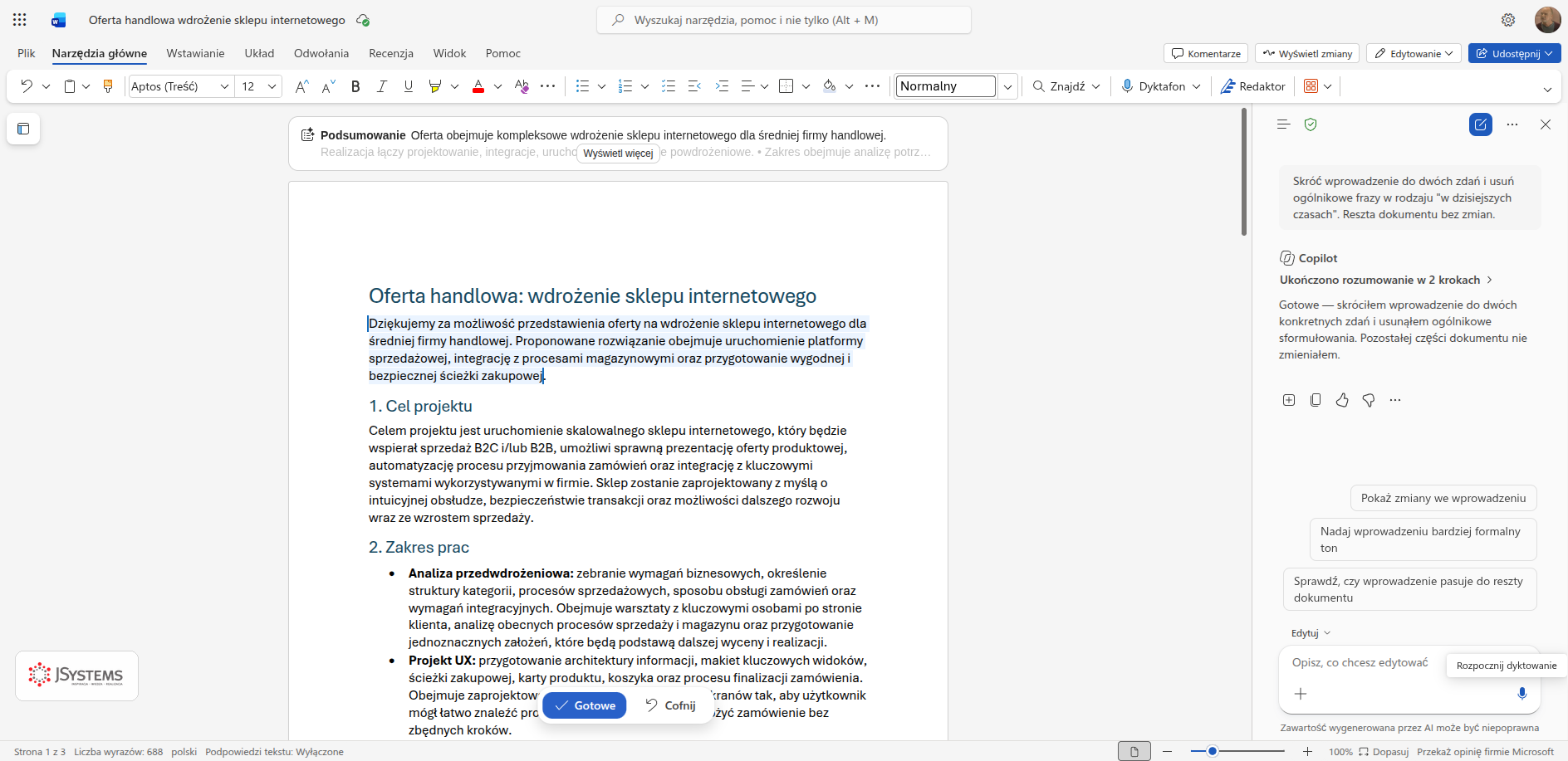 Word z wprowadzeniem oferty skróconym do dwóch zdań, skrócony fragment jest podświetlony, a niżej w dokumencie widać rozwiniętą sekcję Zakres prac z poprzedniego kroku