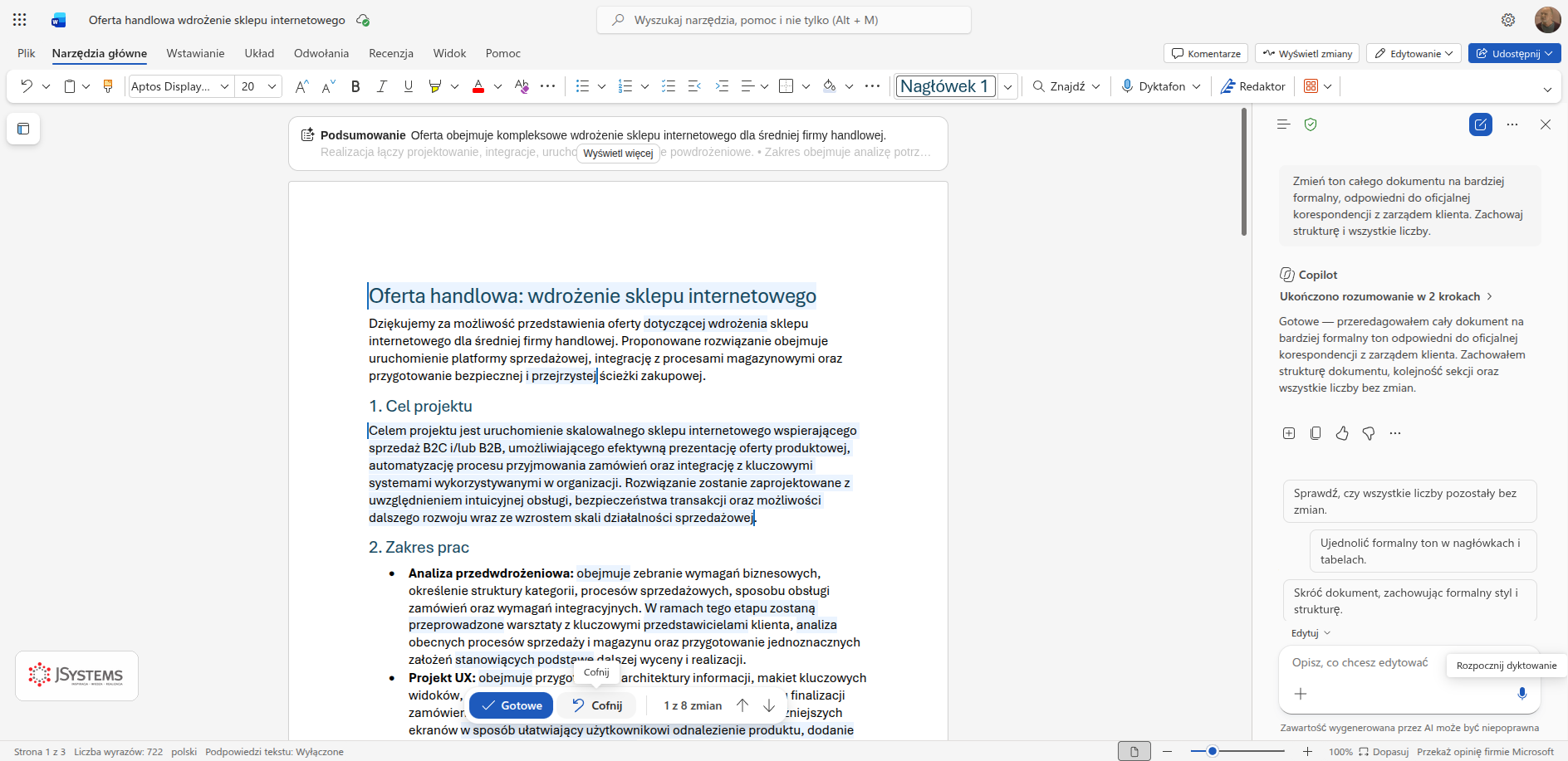 Word po zmianie tonu całego dokumentu na formalny, Copilot pokazuje licznik 1 z 8 zmian i strzałki do przechodzenia między nimi